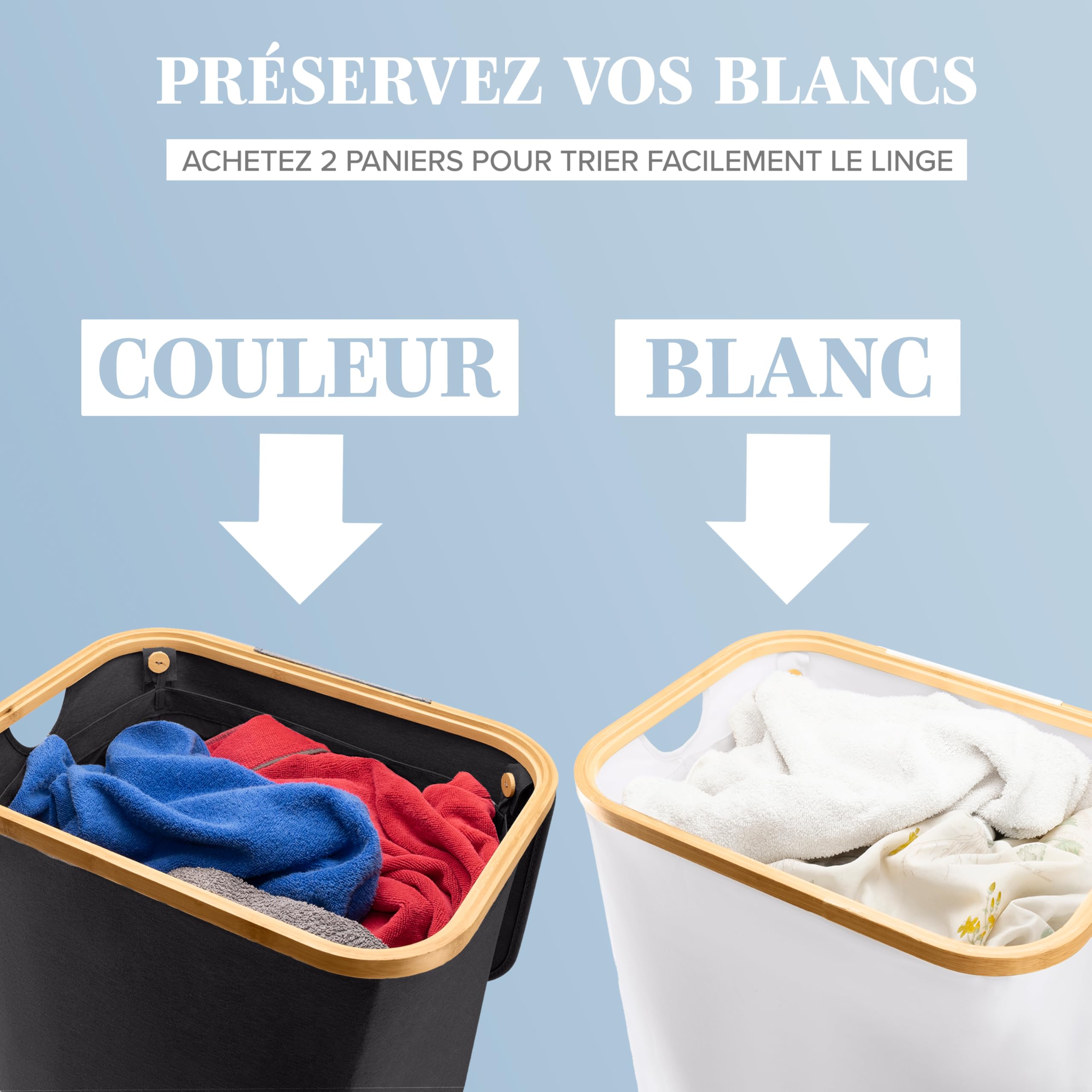 Panier à Linge 150L 2 Compartiments LONBET Avec Couvercle Bambou - Beige - Sac Amovible