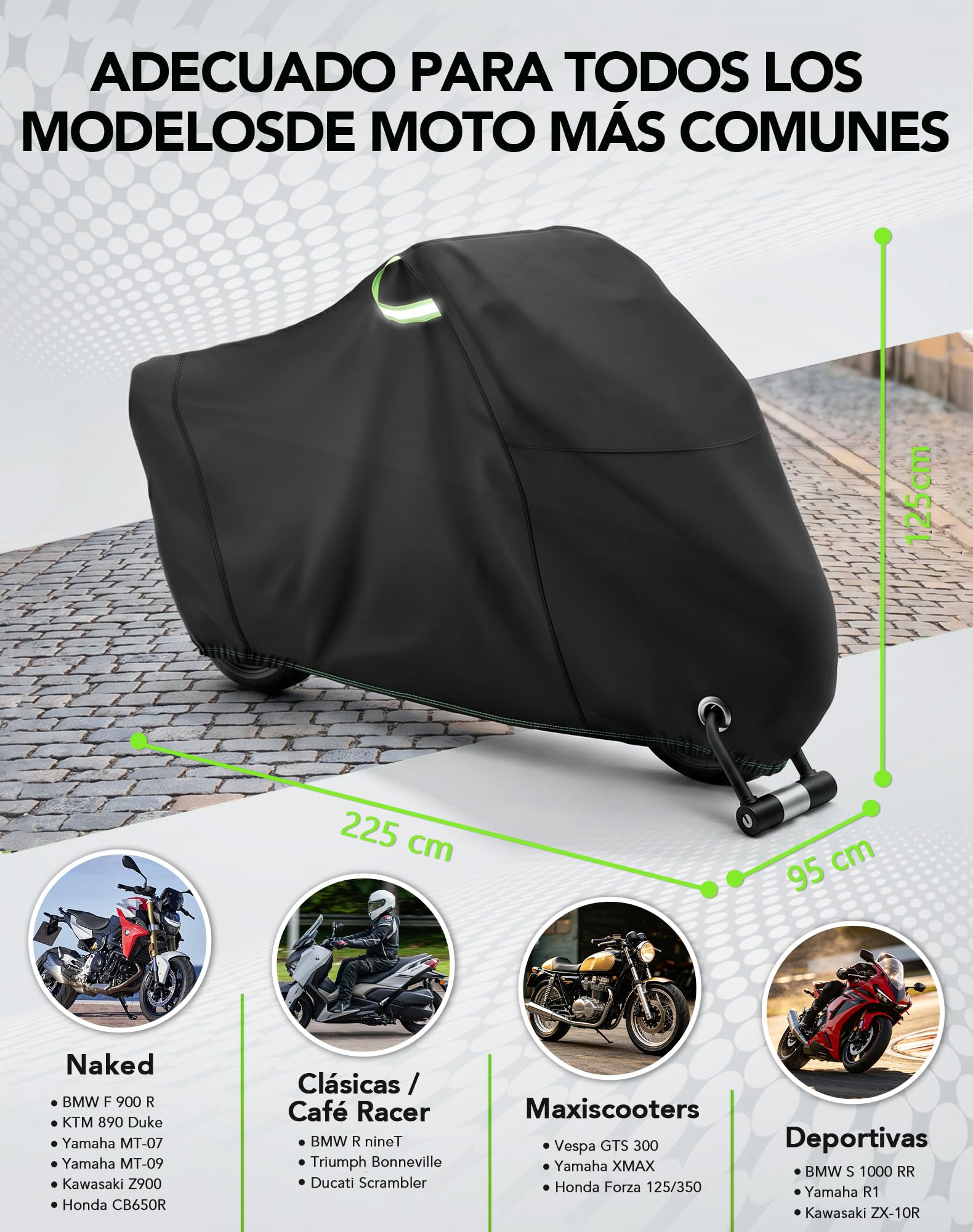 Funda Moto Impermeable 420D Oxford (225cm) - Cubierta Exterior Anti-UV y Viento, con Orificios para Candado e Tiras Reflectantes, per BMW GS, Africa Twin, Tiger (225 * 95 * 125cm)