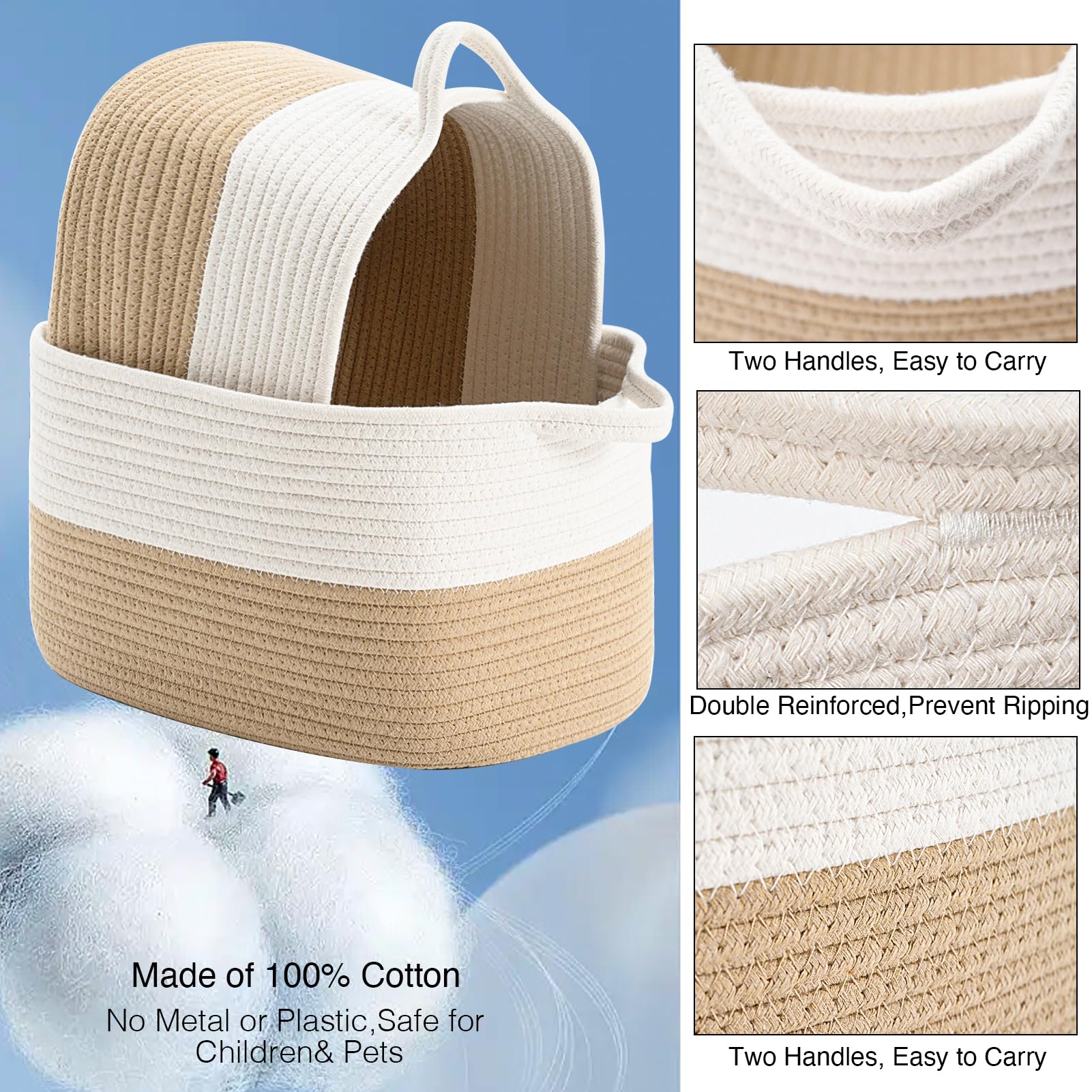 OrganiHaus Lot De 3 Paniers D'étagère En Corde De Coton | Panier De Rangement Pour La Chambre D'enfant, La Maison Et Les Jouets | Paniers Tissés Pour Chambre De Bébé (gris/blanc Cassé