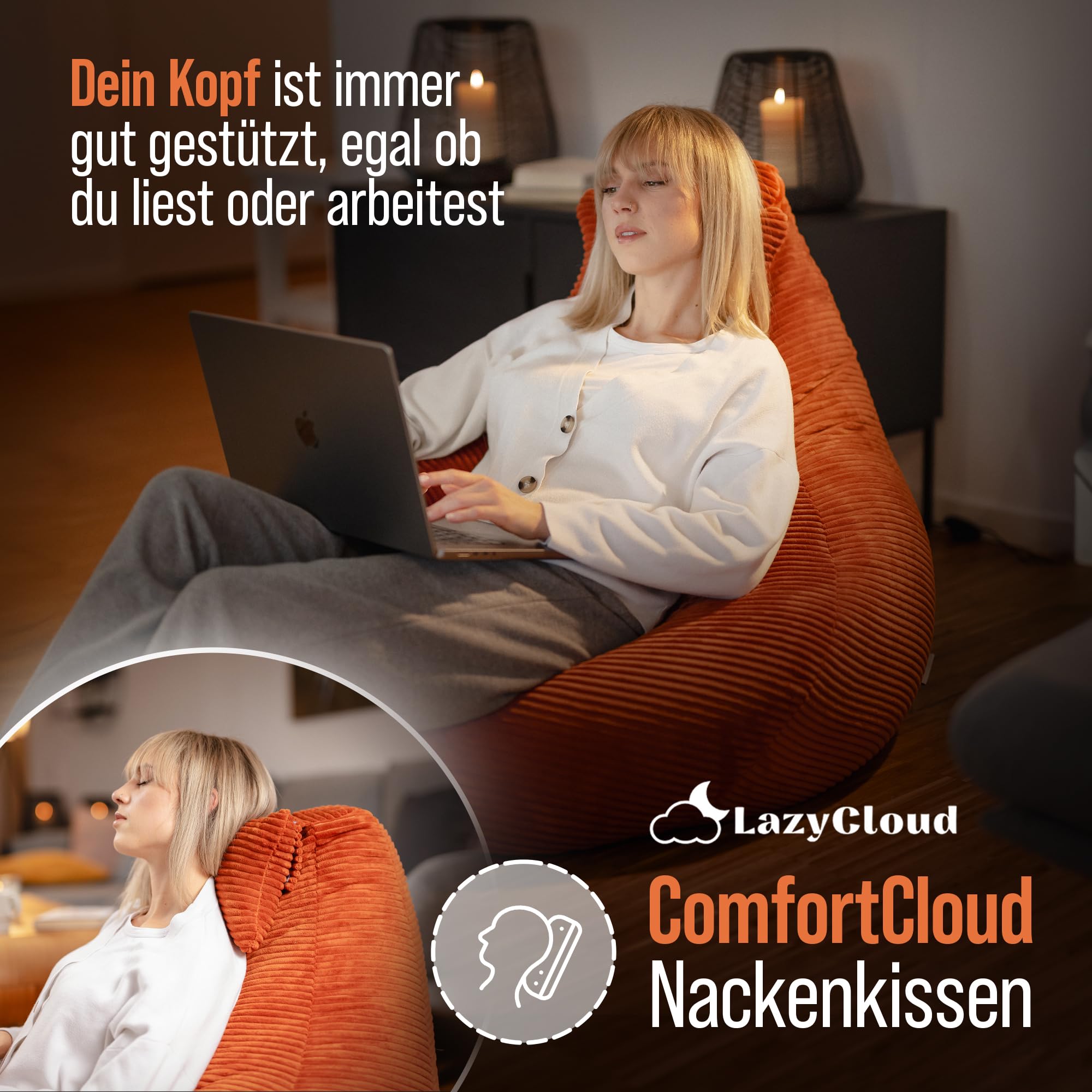 Sitzsack für Erwachsene mit integrierter [Nackenstütze] Cord | XXL Indoor Bean Bag mit Füllung | perfekt als Chill-, Lese- oder Gaming Sessel (90 x 80 x 70 cm) (Korallrot)