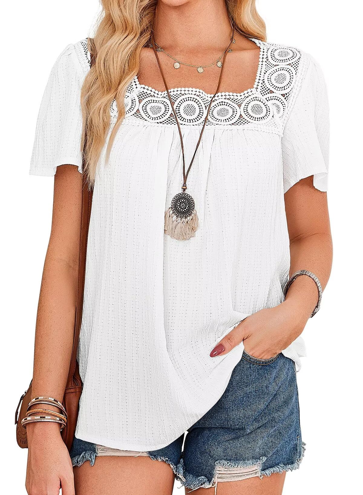 Photo 1 of ***Photo and description for reference only***Falechay Boho Tops for Women Petite Summer Short Sleeve White Eyelet Lace Bohemian Shirts Square Neck Womens Fall Flowy Blouses Loose Peasant Tunic Blouse 2XL