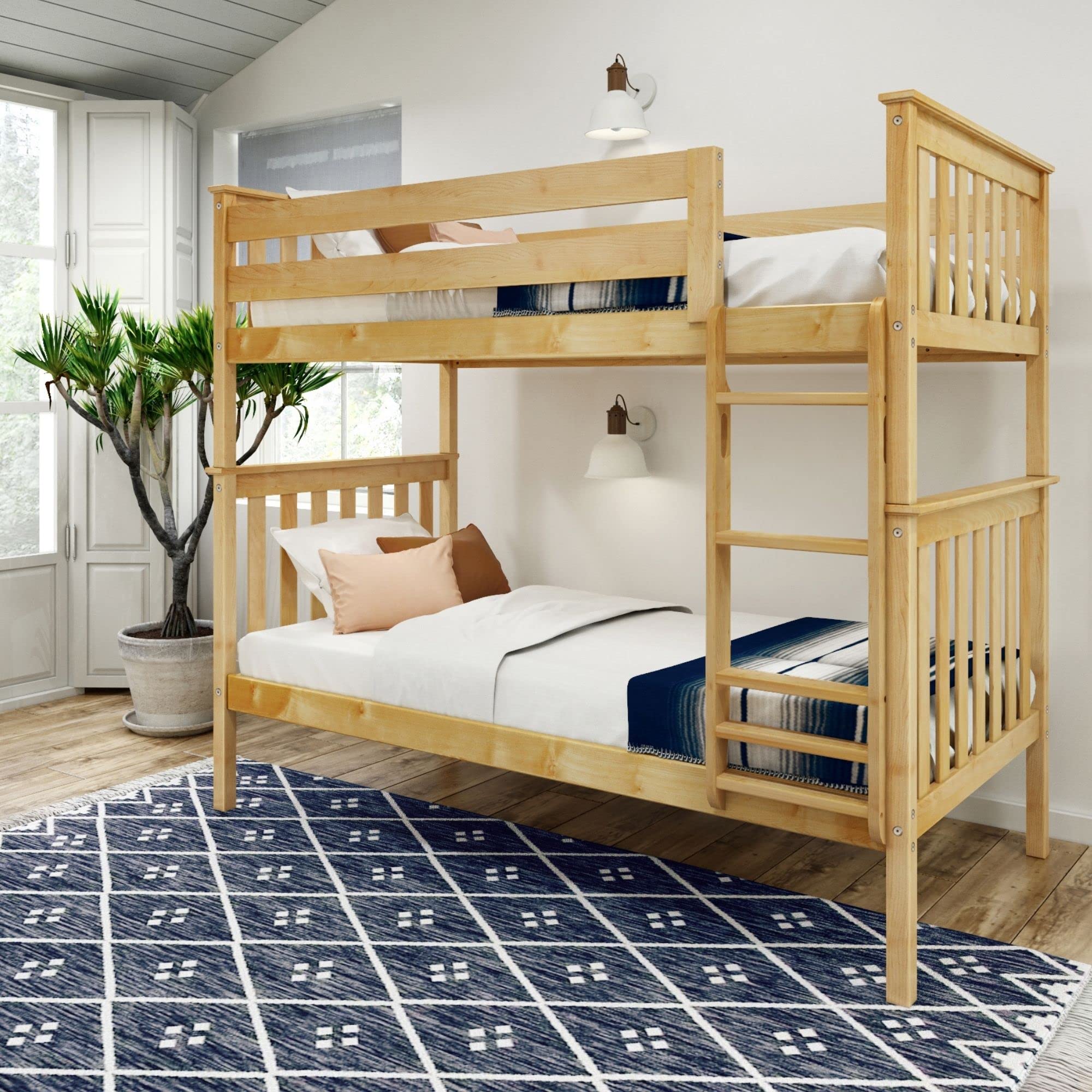 Plank+Beam Wooden Bunk Bed, Classic Twin Over Twin Platform Bed Frame with Ladder and Wood Slats for Adult, Space Saving Bed, Easy to Assemble, No Box