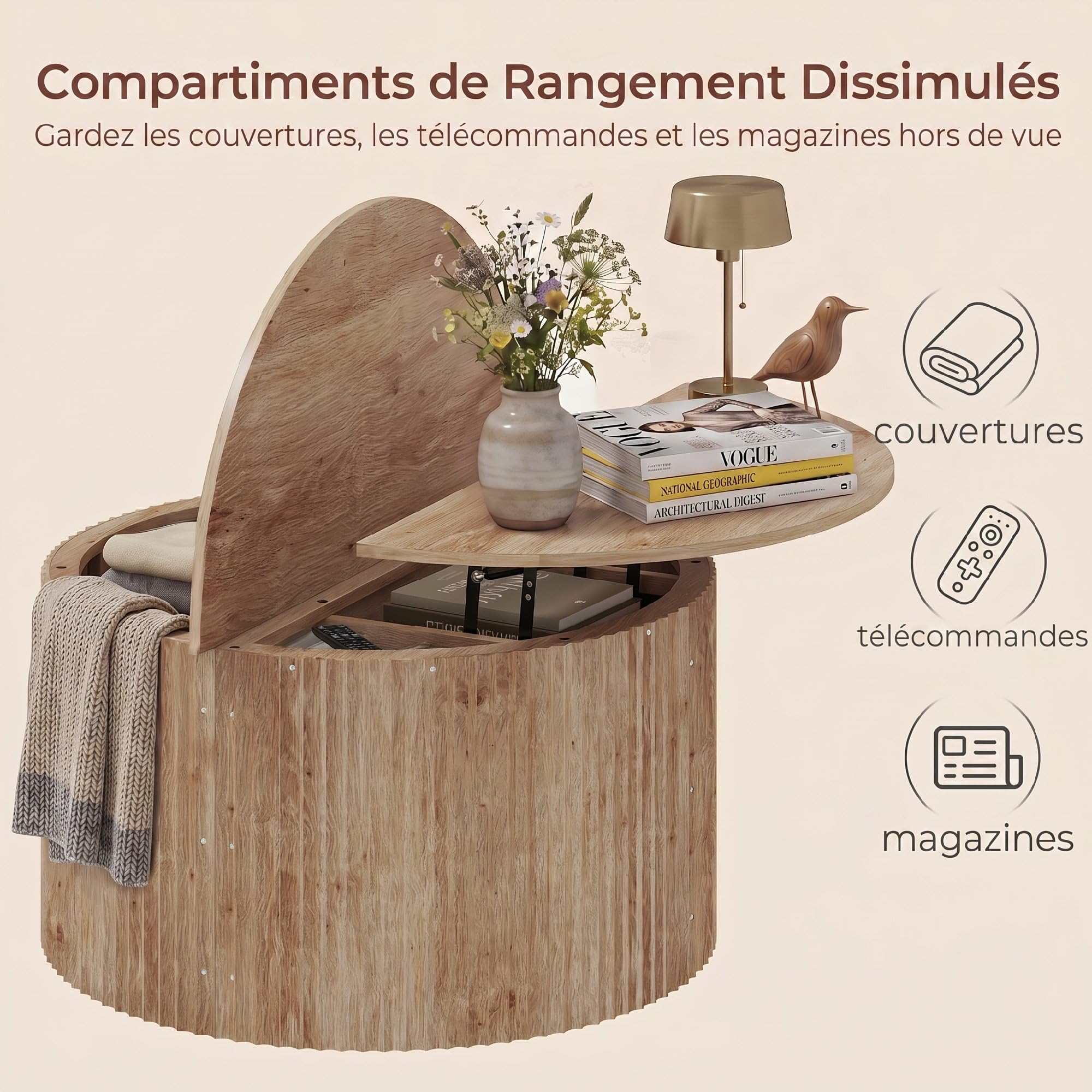 HOMCOM Mesa Centro elevable 32" Acanalada Comp. Ocultos Madera Natural | Mesa de centro redonda moderna, tapa abatible con cierre suave, para sala de estar