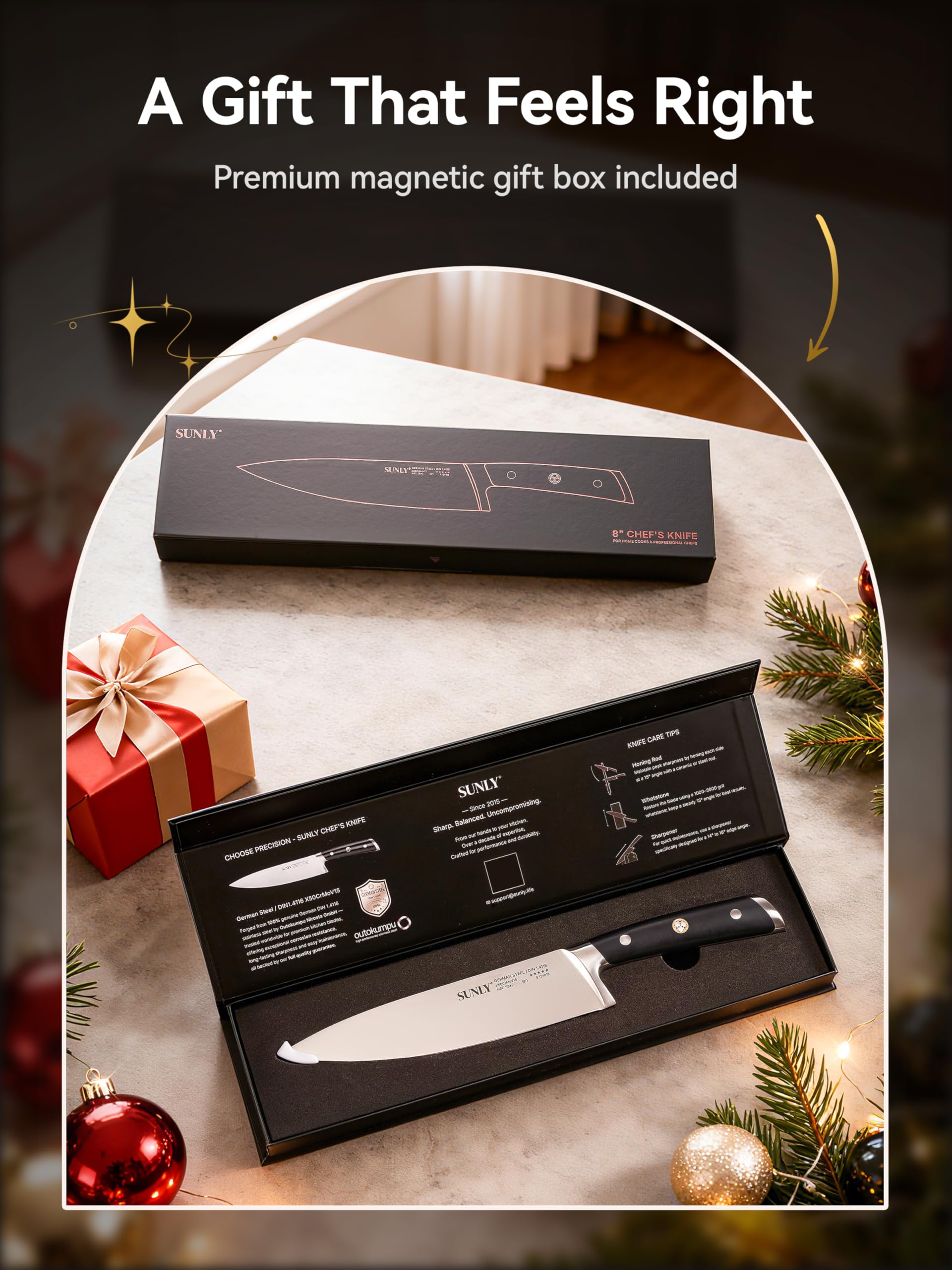 SUNLY Chef Knife, 8 Inch Professional Kitchen Knife with German 1.4116 Stainless Steel, 58±2 HRC Hardness, Full-Tang Design, Anti-Slip Handle for Meat, Fruits, Vegetables, Gift-Ready Magnetic Box — Amazon image 7