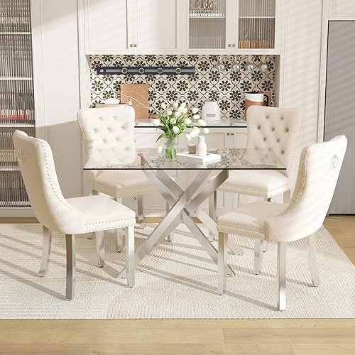 Miniatura 14 de Juego de mesa de comedor de vidrio de 51 pulgadas para 4, mesa de cocina rectangular de vidrio con 4 sillas decorativas tapizadas de terciopelo,
