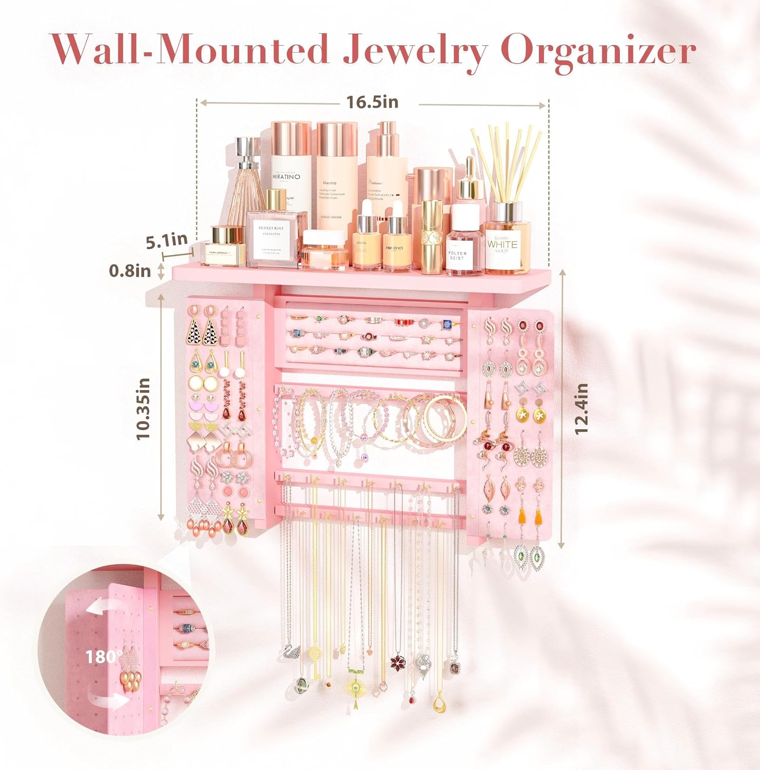 Emfogo Jewelry Organizer Hanging Wall Mounted Jewelry Holder, 5-in-1 Large Capacity Wood Necklace Organizer Wall Display for Ring, Necklaces, Bracelets, Earrings (Pink)