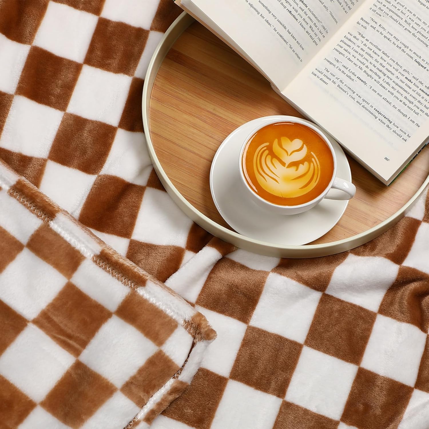 Preboun 6 Pack Fleece Throw Blankets, Buffalo Plaid Lightweight Throws for Sofa, Travel, Office & Bulk Use(50 x 60 Inch,Khaki and White) - Image 3