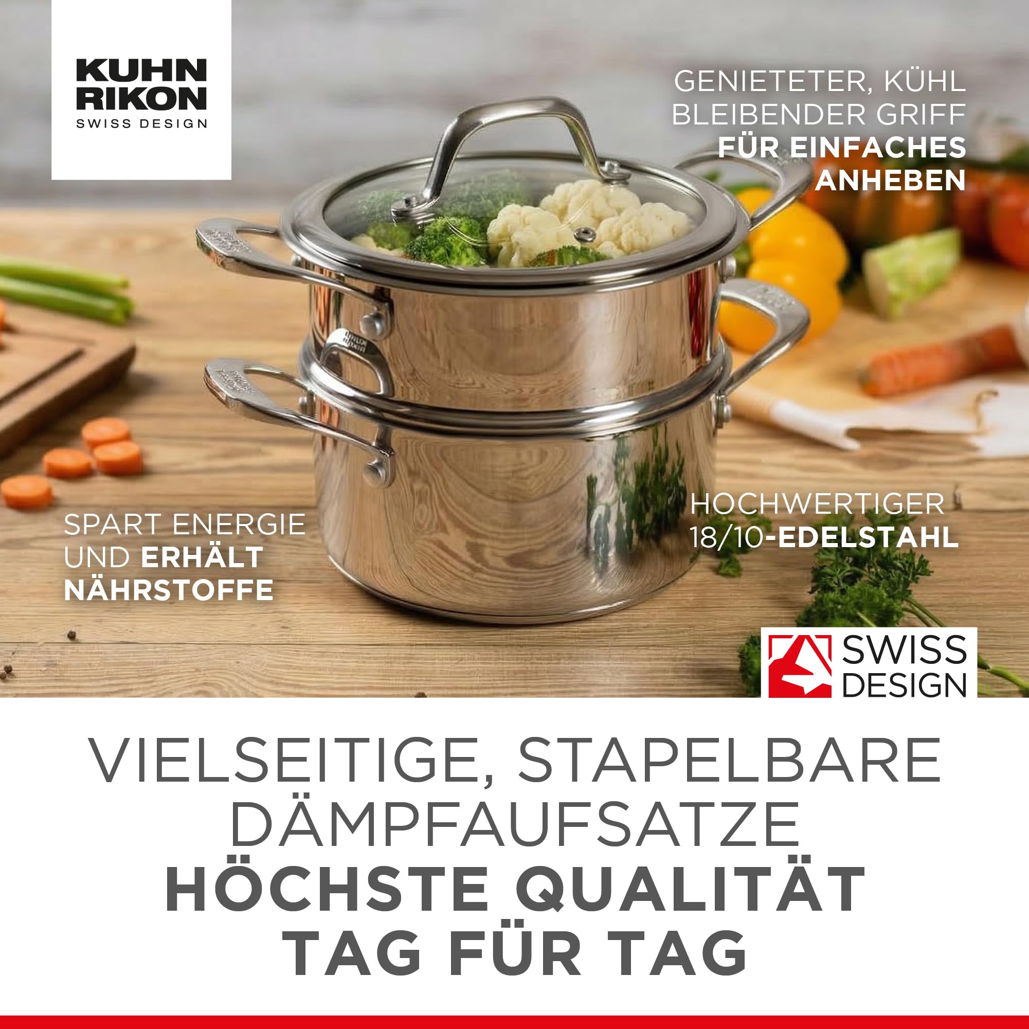 Kuhn Rikon Allround Dampfgarer Edelstahl 18 cm - Stapelbarer Dampftopf