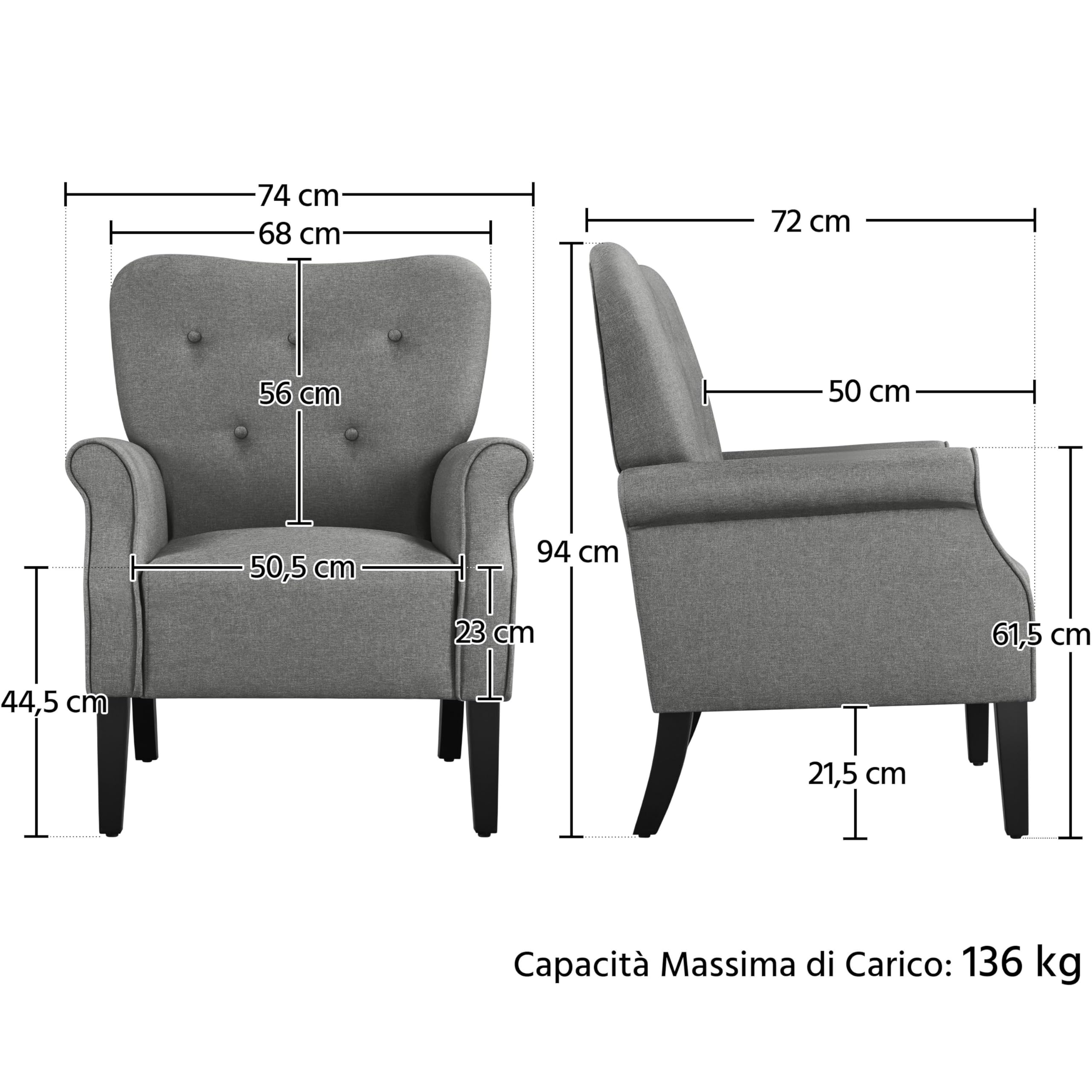 Yaheetech Poltrona da Salotto Moderna di Medioevo Divano Singolo per Soggiorno Gamba in Legno Poltrocina con Schienale Imbottito Grigio Scuro/Tessuto