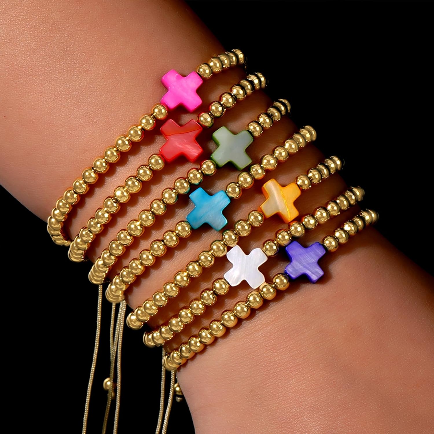 Gold Beads Colorful Shell Cross Stack Bracelets Set for Women, 6Pcs Trendy Cute Boho Handmade Stackable Rainbow Friendship Beaded Ball Stretch Bracelet Summer Beach Jewelry Gift. - Image 2