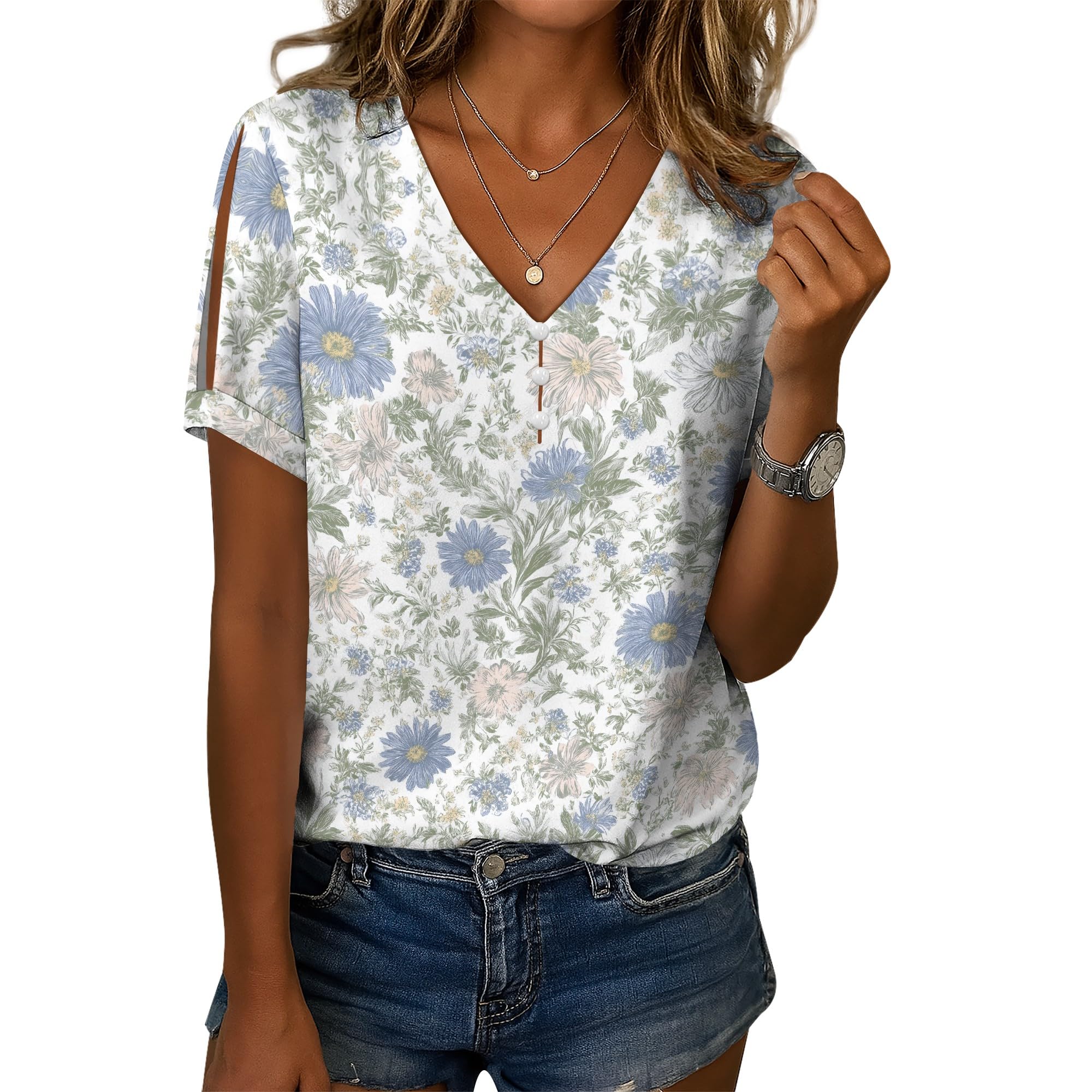 DMOYALA Womens Boho Floral Cute Summer Tops for Women Graphic V Neck Short Sleeve T Shirts Tees Summer Casual Loose Fit Shirt