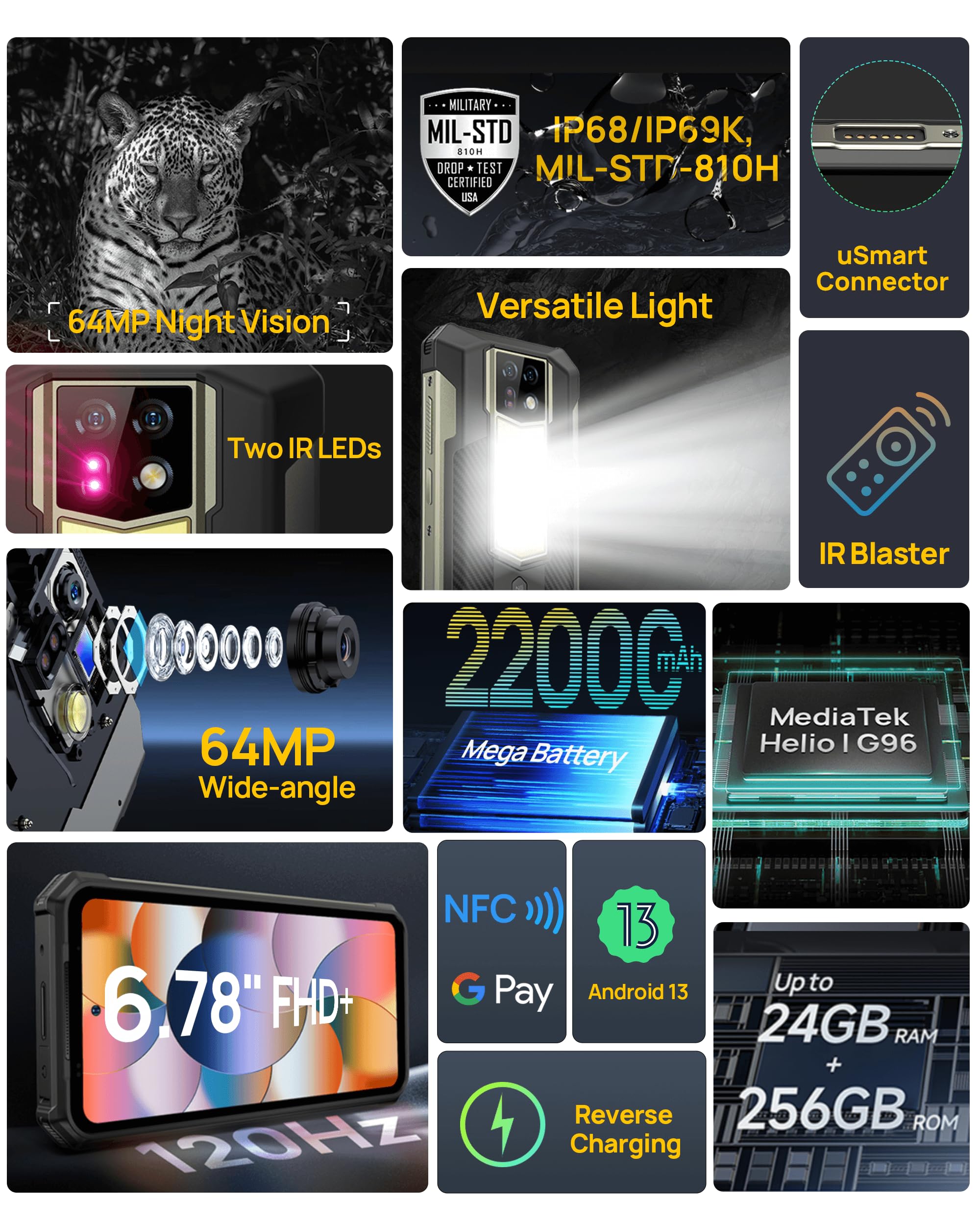 Ulefone Armor 24 Rugged Smartphone 22000mAh, 1000LM Lampada Campeggio 24GB+256GB, Android 13 Dual 4G Helio G95, 6.78" FHD+ 120Hz, 64MP Visione Notturna Telefono Indistruttibile, NFC/OTG/GPS