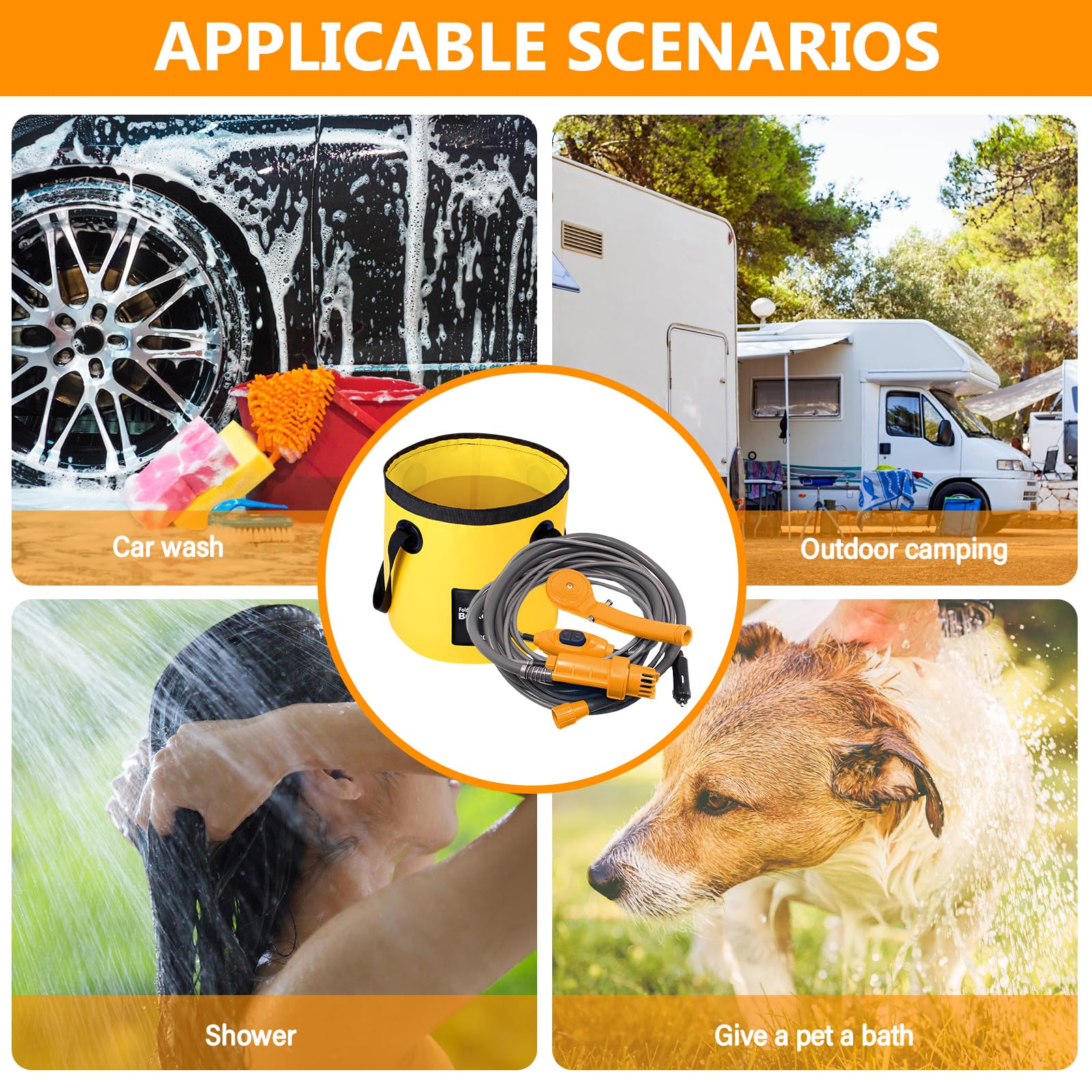 Doccia da campeggio, portatile, da campeggio, con secchio pieghevole, pompa, 2 m, cavo di alimentazione e interruttore, 12 V, doccia portatile, pompa per doccia elettrica per animali domestici, viaggi
