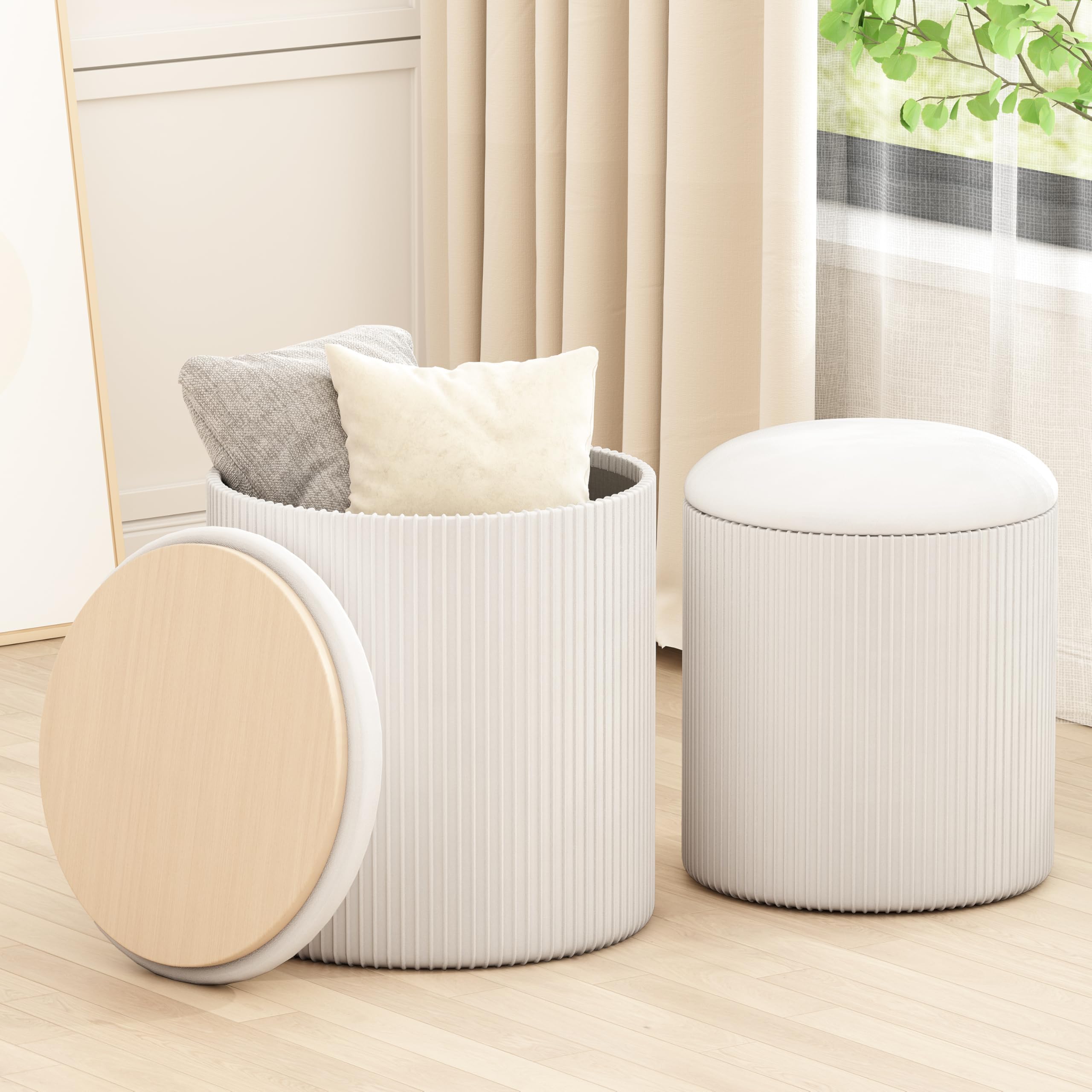 IBUYKE Teddy Fluweel Opbergvoetensteun Kruk Ottomaan, Make-up Kaptafel Kruk Bijzettafel met Afneembare Hoes, Gouden Stalen Poten, Salontafel Top Hoes, Wit WBD010W