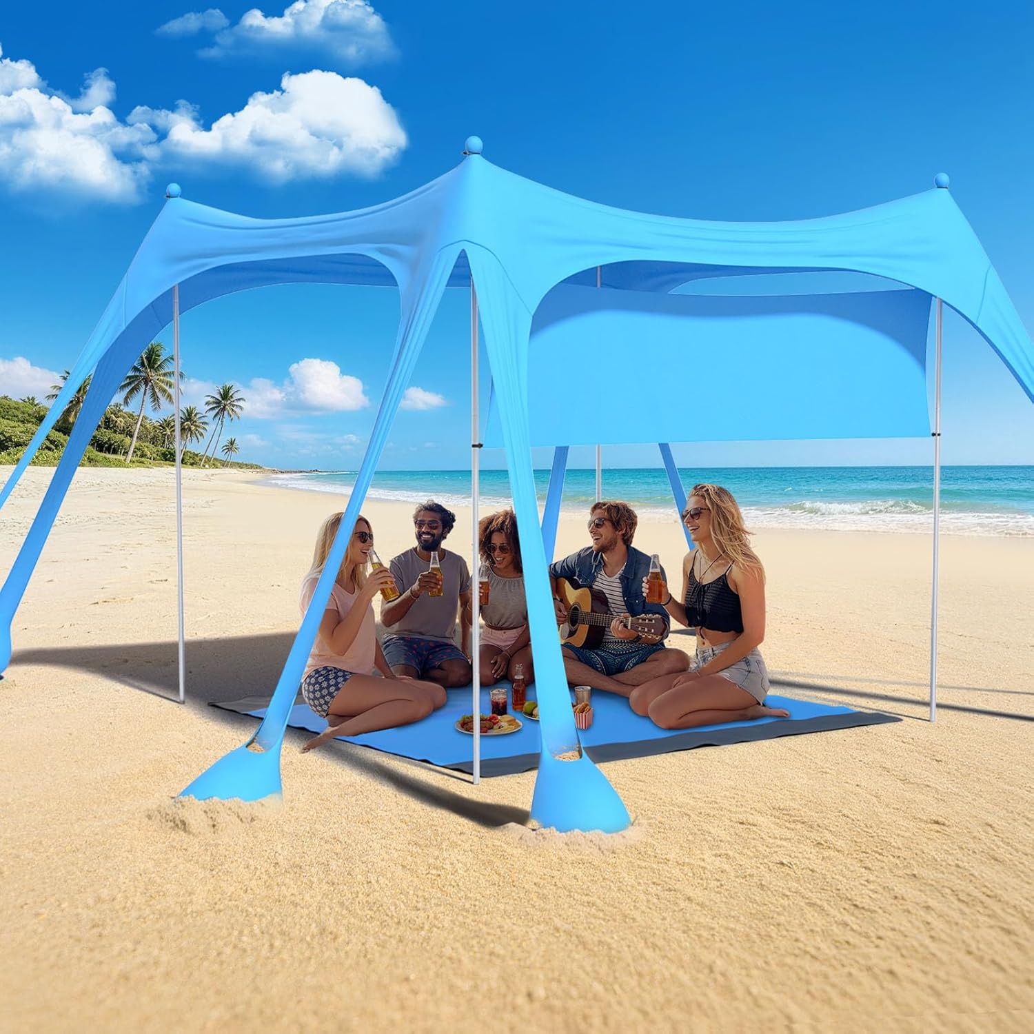 Suteck Beach Tent Sun Shelter with Sidewall, Easy Set Up 10x10ft Beach Canopy, Outdoor Sun Shade with UPF 50+UV Protection, 8 Sandbags, 4 Stability Poles for Camping, Fishing or Picnics