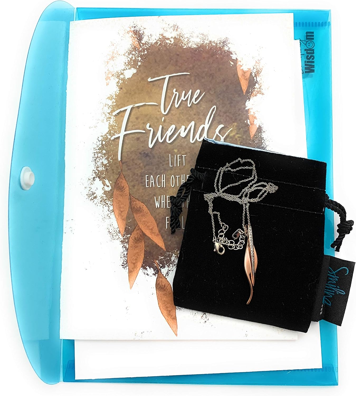 Smiling Wisdom - Friendship Greeting Card for Women and Leaf Necklace Gift Set - True Friends Grow Together - A Reason Season Lifetime Friend - Bestie BFF Women - Rose Gold Long Leaf