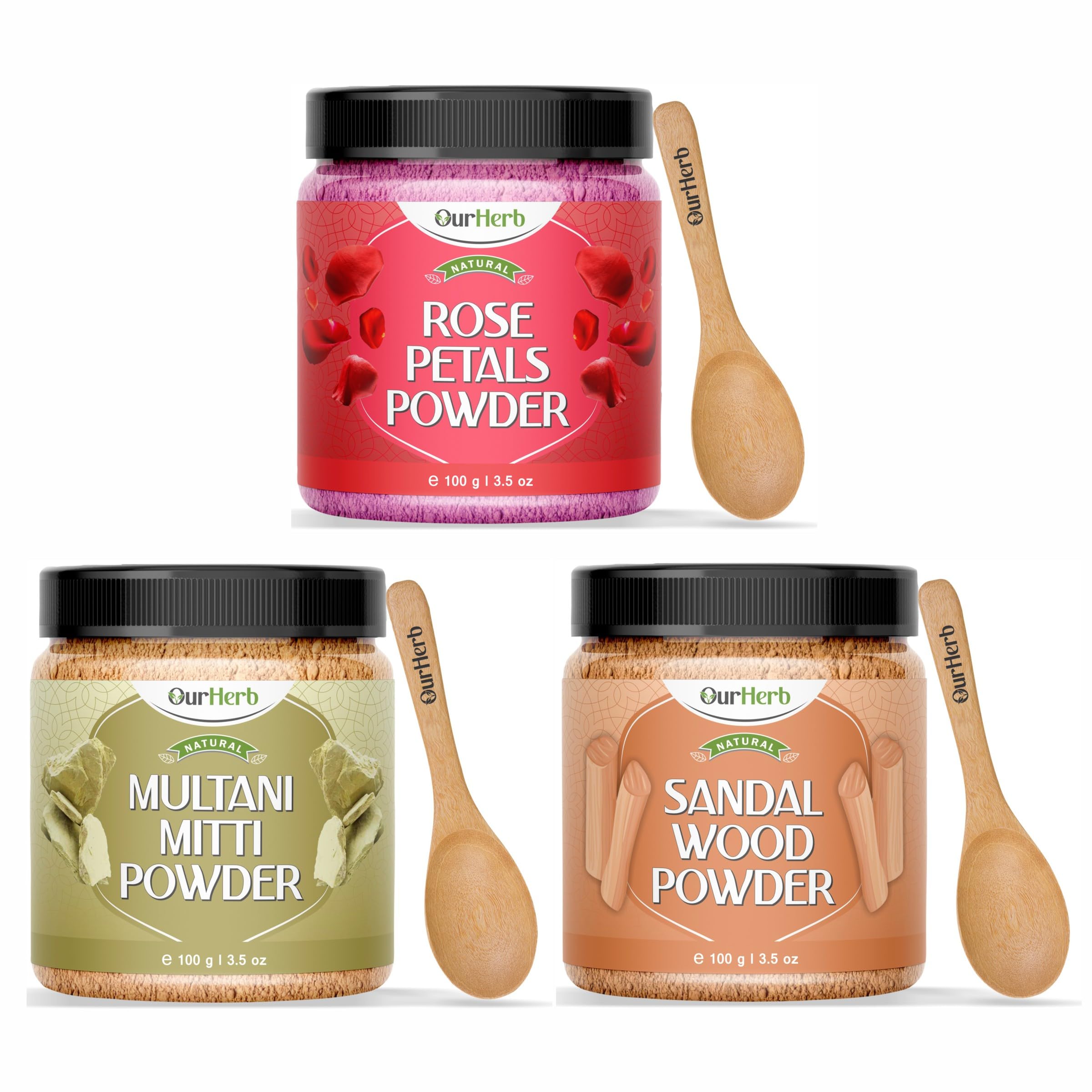 OurHerb Rose Petal + Sandalwood + Mulatni Mitti Powder | Face Pack Pure & Natural Skin Whitening | Face mask and Facial | for All Type of Skin Care with Spoons Combo Pack - 300g (100g X 3)
