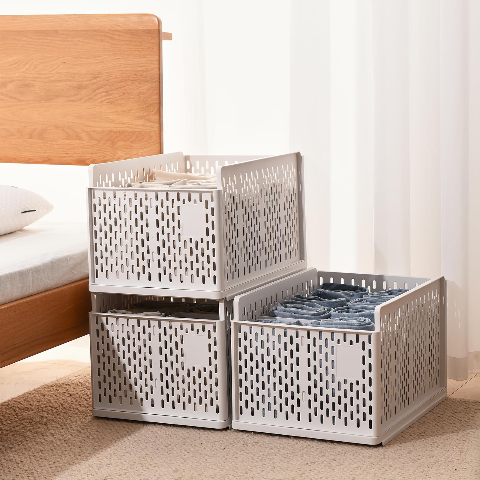 RMAN 2 Pezzi Organizer Armadio per Jeans, Pieghevole Organizer Armadio Interno Impilabile e Robusto Contenitori per Armadio Salvaspazio per Pantaloni, T-shirt, Cravatta, 16 scomparti, Bianco