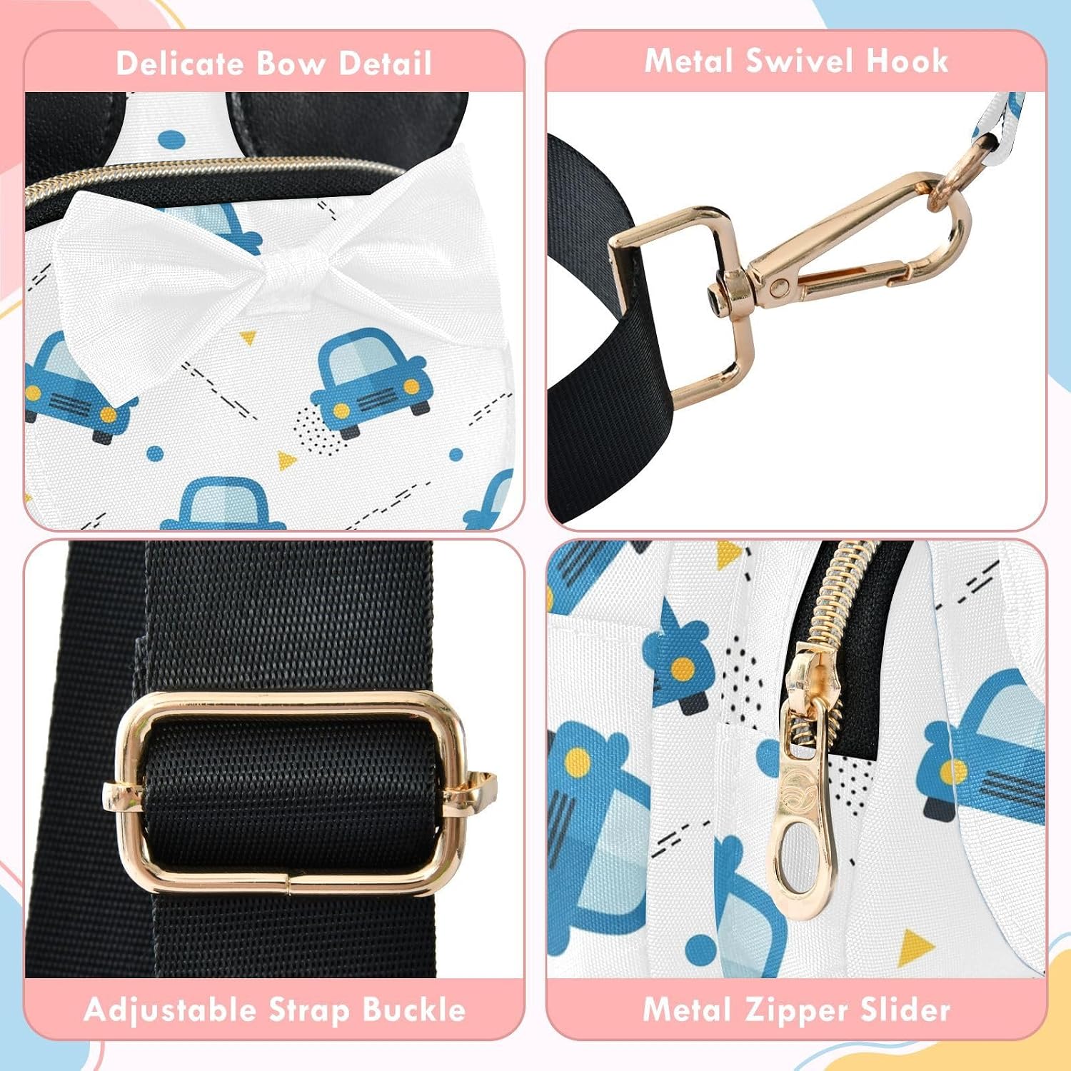 Sinestour Cars Dots Kids Sling Bag for Girls, 7.5"x5.7"x3.1" | Crossbody Fanny Pack, Toddler Purse, Cute Sling Belt Bag with Ears, 2L Small Shoulder Chest Bag for Travel