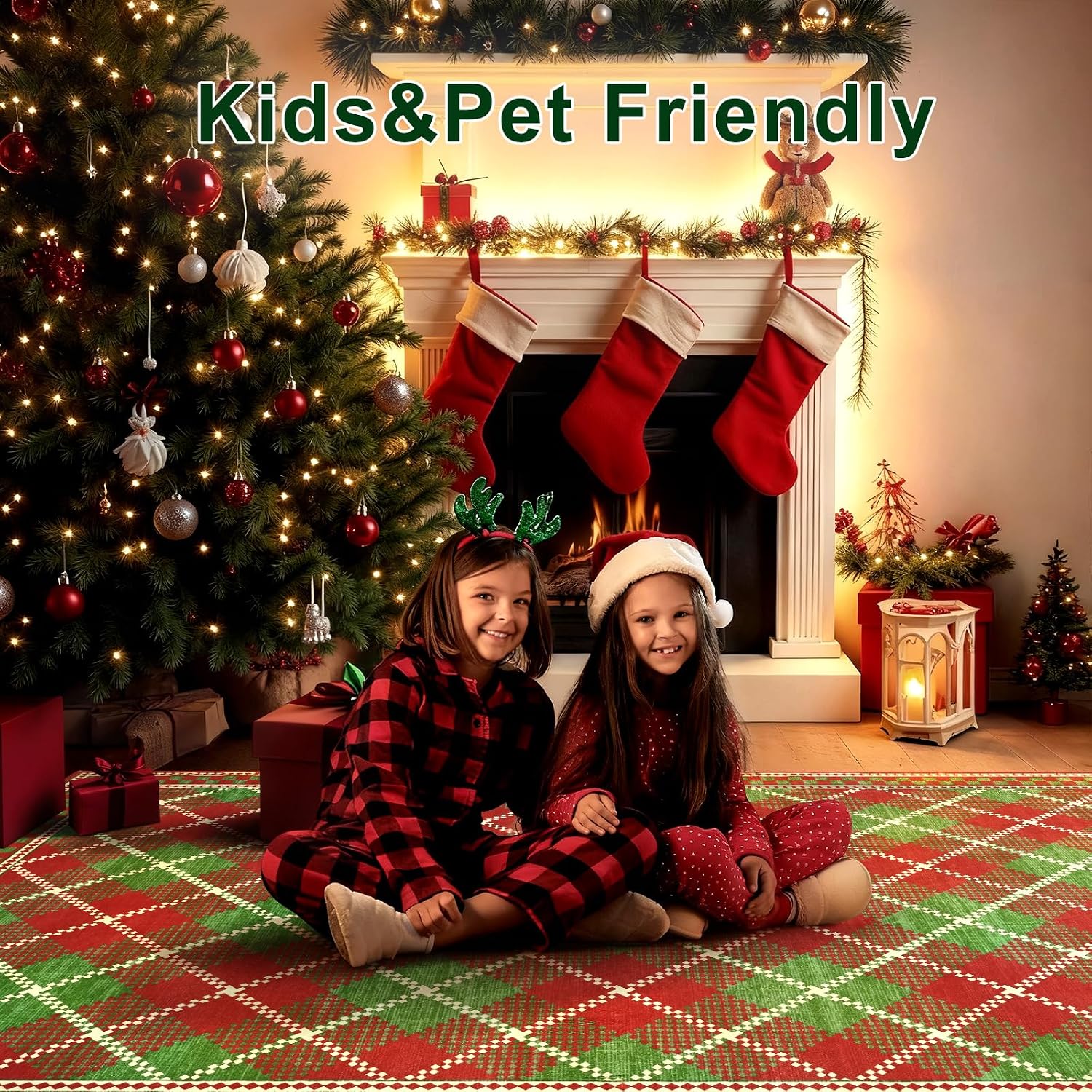 Terrug Christmas Area Rug 4x6 for Bedroom, Red Green Checkered Rugs with Low Plie Non-Slip Backing for Living Room, Washable Stain-Resistant Plaid Carpet for Kids Room Holiday Decor