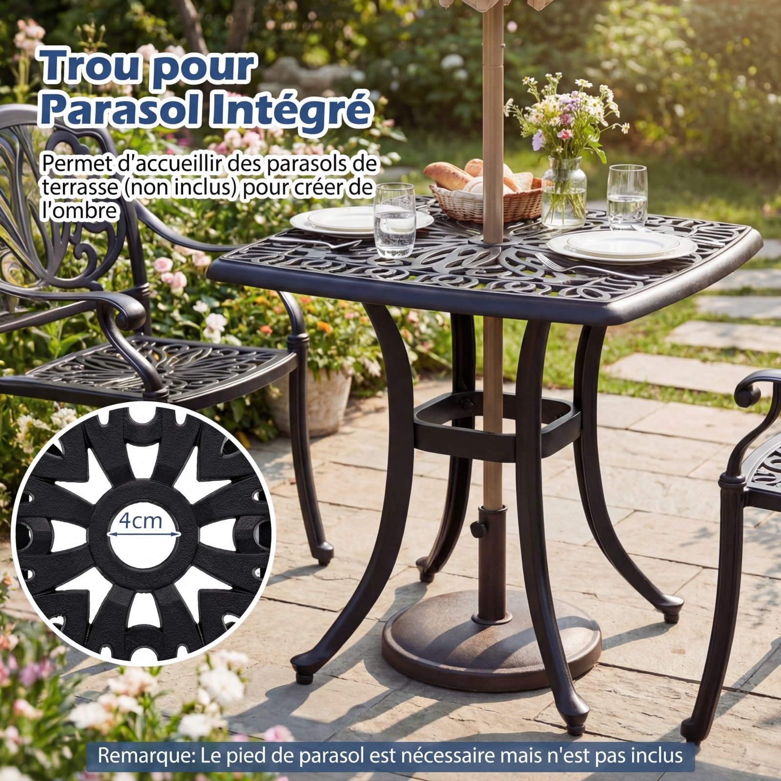 COSTWAY Table Jardin Carrée en Aluminium Moulé 54 CM, Table d'Appoint Extérieure Anti-Rouille avec Trou Intégré pour Parasol, Résistante aux Intempéries pour Patio Piscine Terrasse, Noir