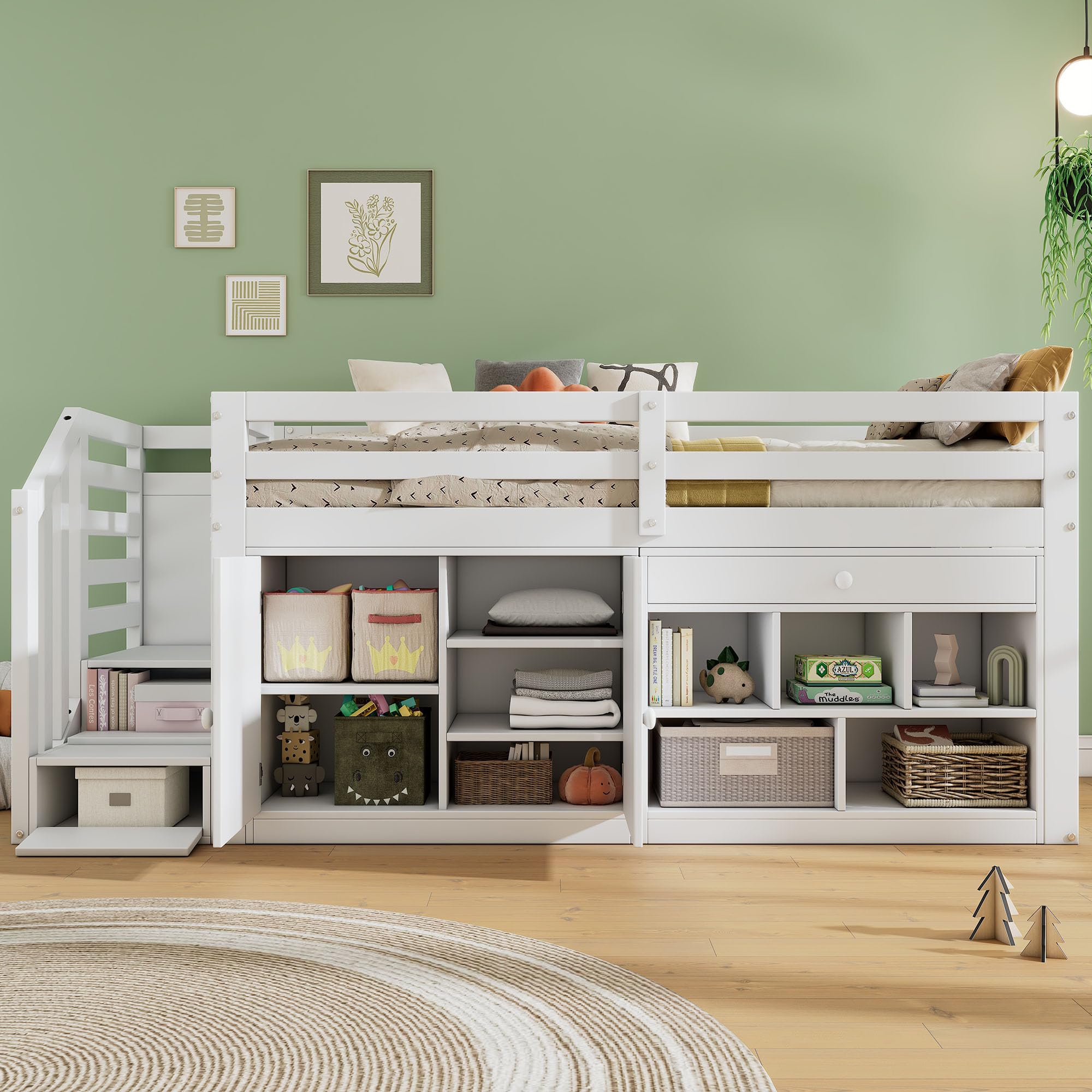BTMMultifunctional Midsleeper Bed with Stairs and Storage Space, Stairs/Cabinets Interchangeable on the Left & Right, Reversible Drawers Usable as a Desk(No Mattress) 90 * 190cm, White(No Mattress)