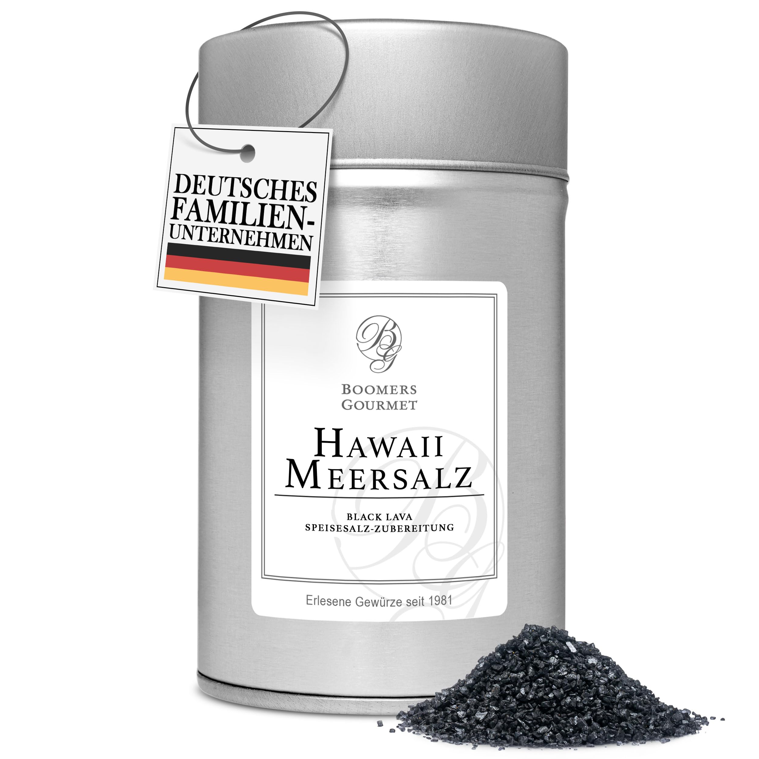 Boomers Gourmet - Hawaii Meersalz Black Lava I Schwarzes Salz aus Hawaii I Exotisches Finishing Salz mit Aktivkohle – Perfekt für Fisch, Fleisch und Pasta - Gewürzdose - 200 g