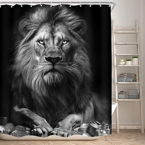 Miniatura 8 de KOMLLEX Cortina de ducha de león africano para decoración de baño, 60 pulgadas de ancho x 72 pulgadas de alto, cortina de ducha para hombre, monedas