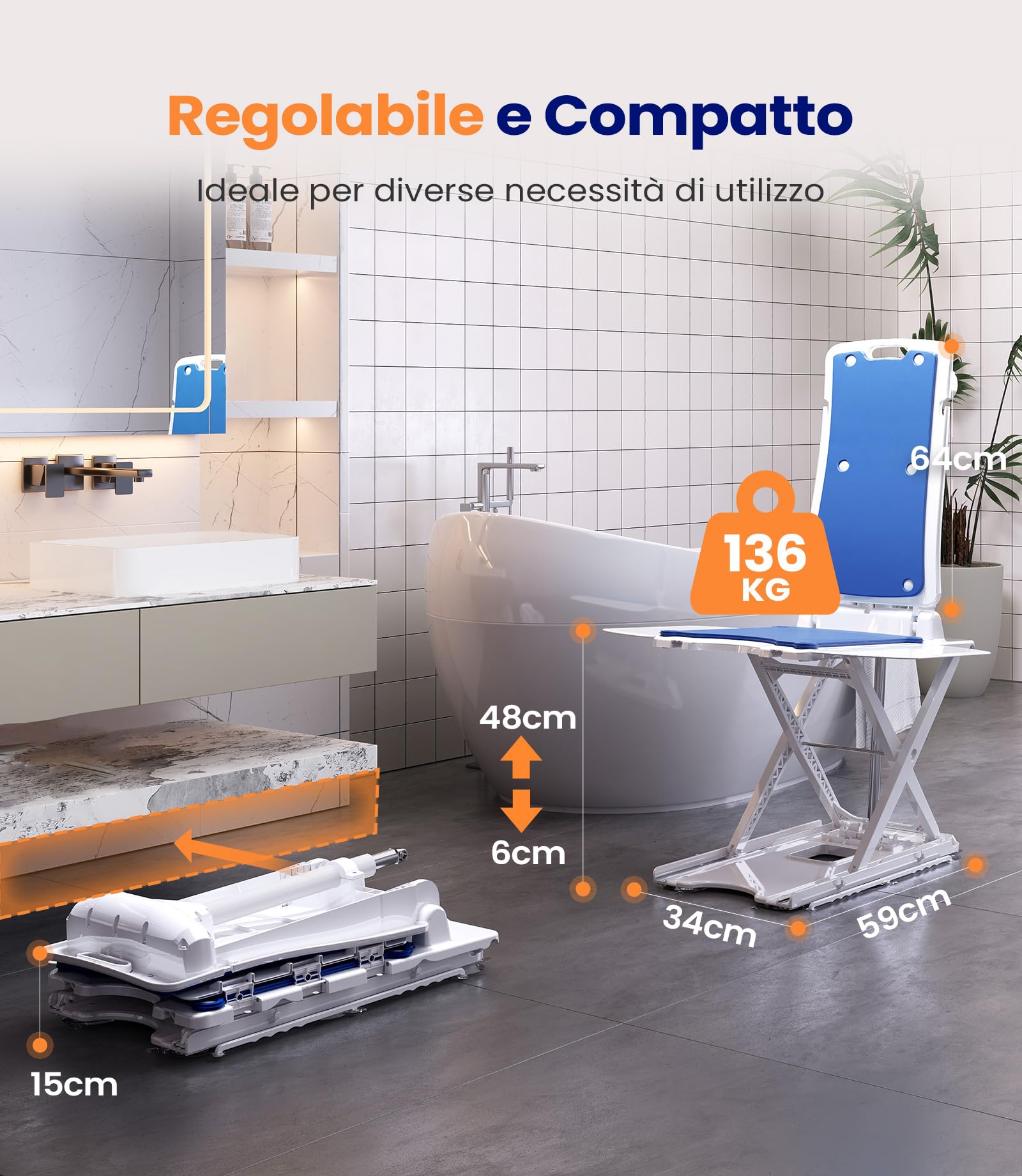VOCIC AX07 Sollevatore da Vasca Elettrico, Sollevabagno per Anziani, Sedia da Bagno con Motore Impermeabile, Telecomando Ricaricabile e Ventose, Aiuto per Entrare nella Vasca, Supporto Fino a 136 kg