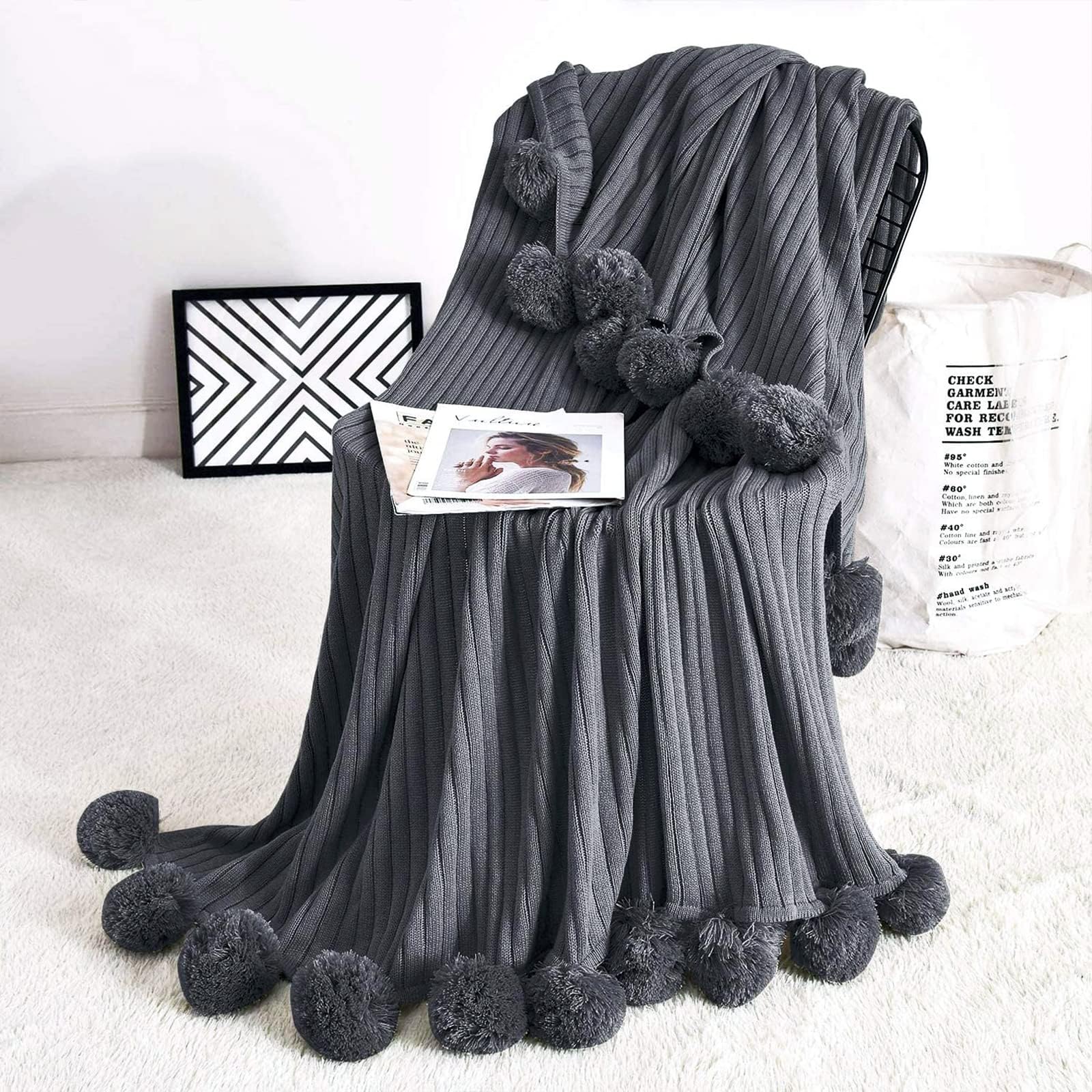 Fomoom Pom Pom Throw Blanket, Chunky Knit Pom Poms Throw Blanket, Decorative Knitted Cotton Blanket with Pompom Tassels for Couch Sofa Bed (Dark Gray, 39"x59")