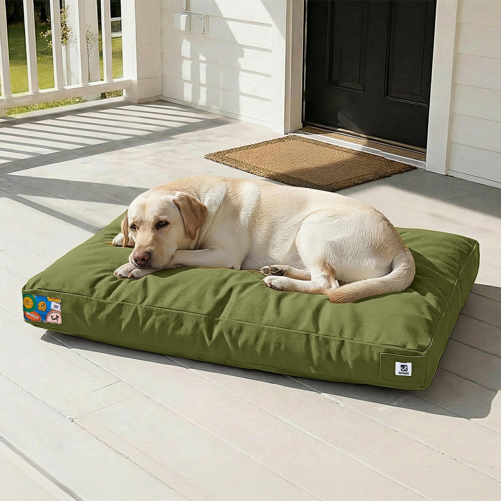 Sytopia 42 Inch Canvas Outdoor Dog Bed for Extra Large Dogs, Waterproof Washable Removable Cover, Indoor Patio Pet Pad for Crate, Green