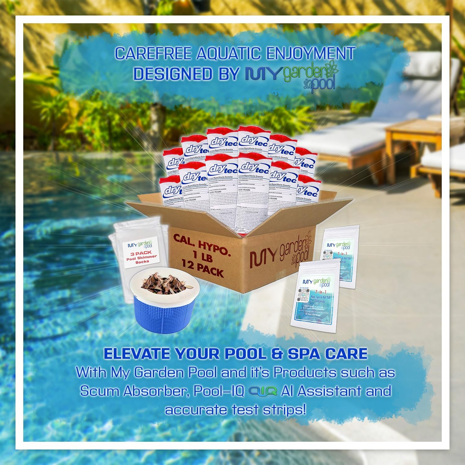 Drytec Calcium Hypochlorite Pool Shock 1 lb. 68% Bag, Complete Pool Care Kit with My Garden Pool Skimmer Sock and 7-in-1 Test Strips, 60 ct. – Powerful Chlorine Shock for Clear Swimming Water (12)