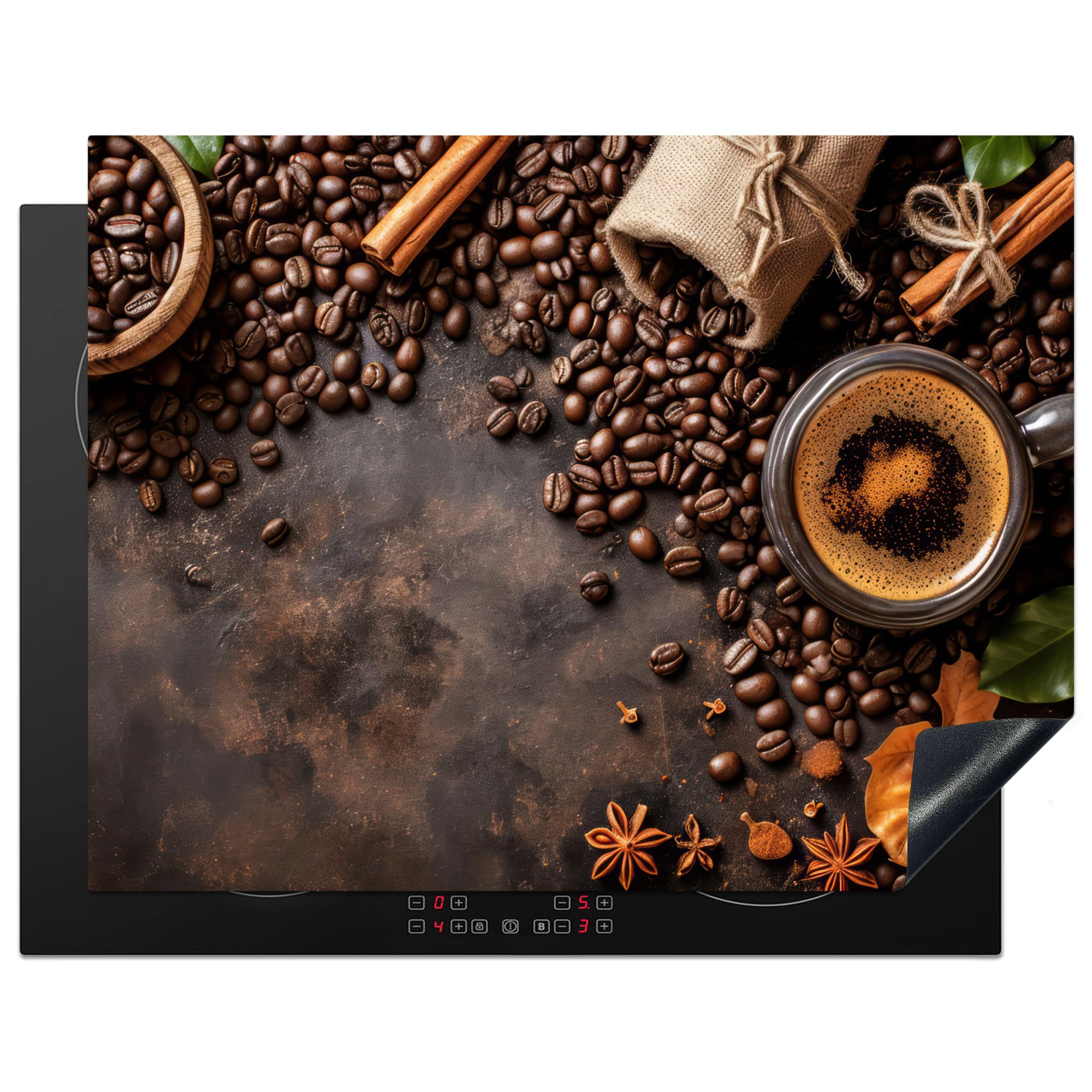 KitchenYeah© Induction Hob Cover Protector Mat 23.2"x30.3" / 77x59 cm Kitchen Universal Ceramic Covers for Electric Cookers Vinyl Coffee - Kitchen - Coffee Beans - Leaves