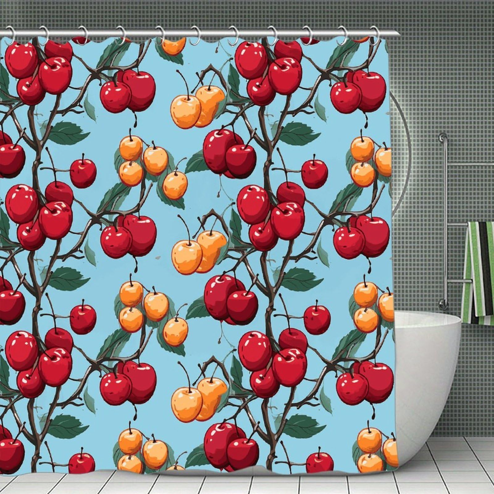 FekiLoot Cherry Pattern Shower Curtain with Hooks Modern Farmhouse Bathroom Curtain Waterproof Cloth Bath Curtains Cute Washable Blackout Privacy Curtains for Bathroom Bathtub 70.8"x70.8"