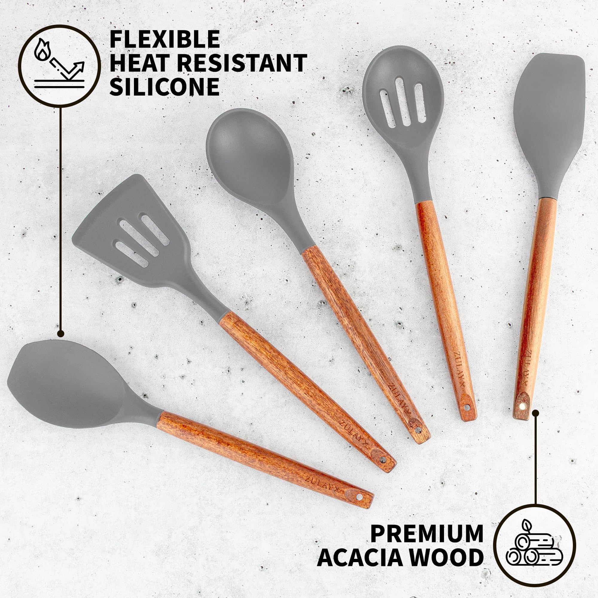 Zulay Kitchen Utensils Set Non-Stick Silicone Cooking Utensils Set with Authentic Acacia Wood Handles - 5 Piece Silicone Utensil Set - Kitchen Utensils Set with 464°F Heat Resistance - Gray