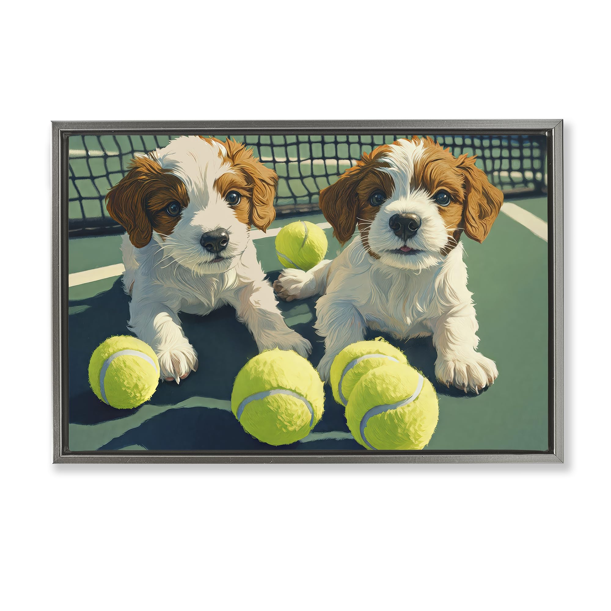 Stupell Industries Luster Gray (Matte) 'Playful Puppies With Tennis Balls'| Floating Frame Canvas Art