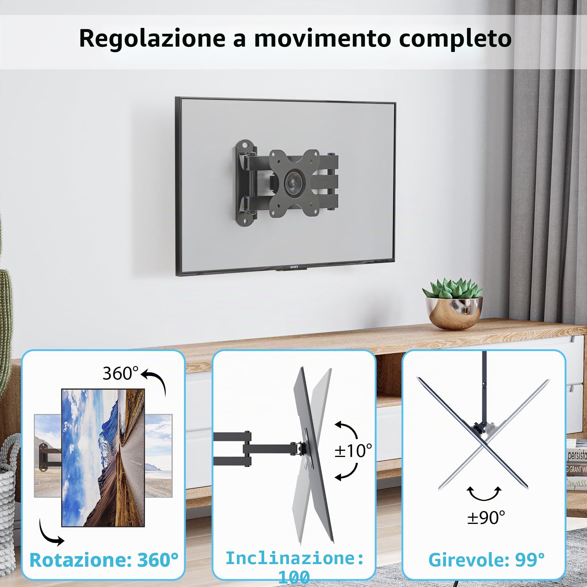 BONTEC Supporto da Parete TV/PC 13-30 pollici, Staffa TV Universale con Braccio Girevole, Portata 15 kg, VESA 75/100mm