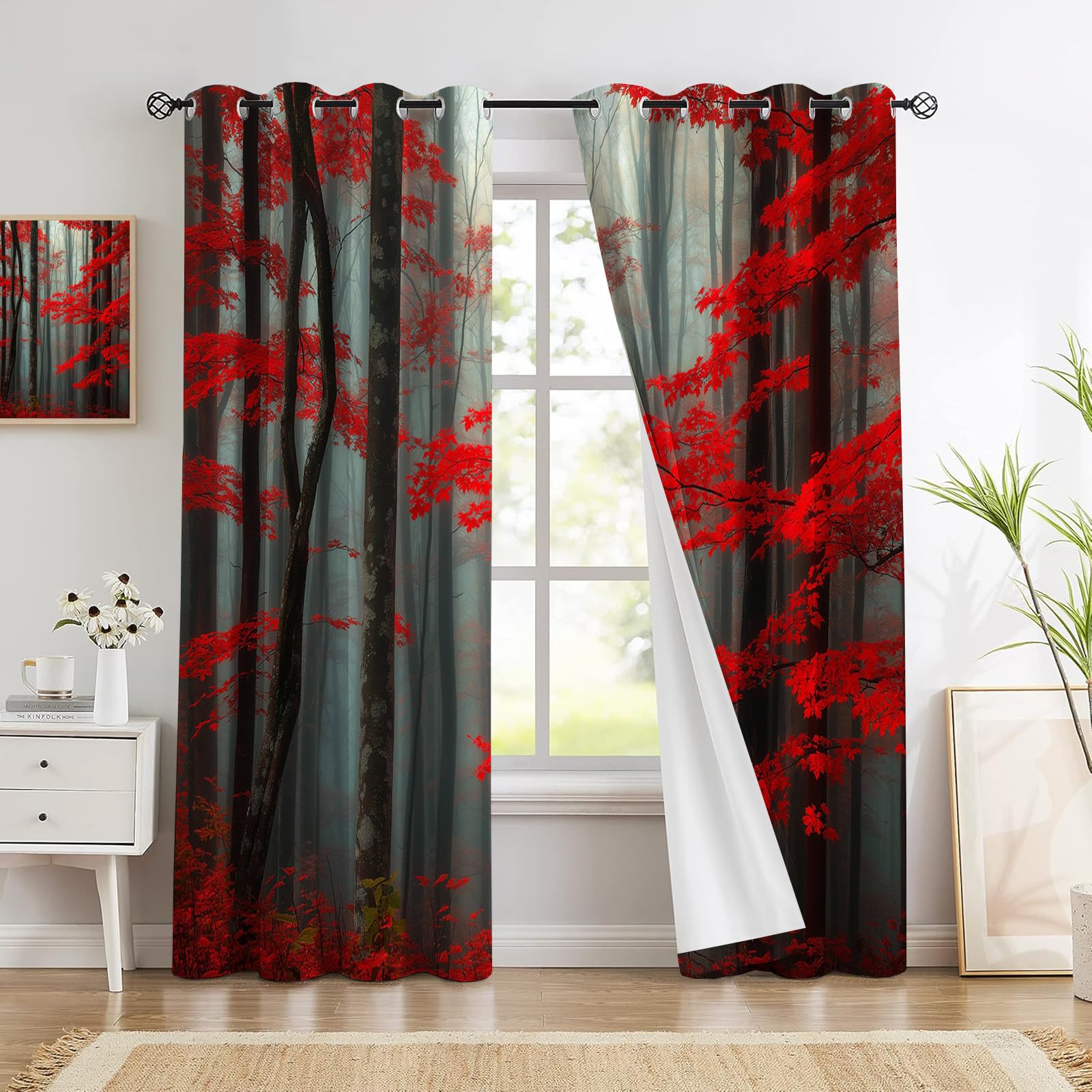 Rideaux feuilles d'automne rouges pour une chambre cocooning