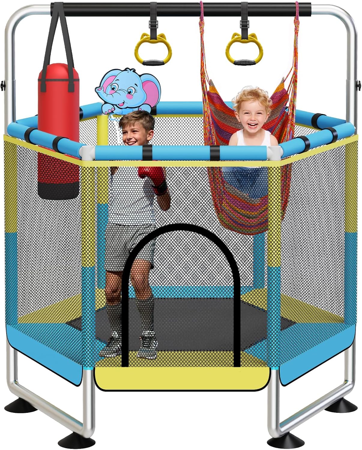 Trampoline for Kids, 60" Toddler Trampoline Indoor Outdoor, 440lbs KidsTrampoline with Enclosure Net, Upgraded Ring Legs with Adjustable Gymnastics Bar, Gifts for Ages 1-8 Boys&Girls Hexagon blue-yellow