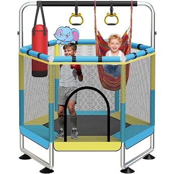 Children's Trampoline 150 cm Children's Trampoline Outdoor/Indoor 200 kg with Safety Net Improved Ring Legs with Adjustable Gym Bar Gifts for Ages 1 to 8 Years