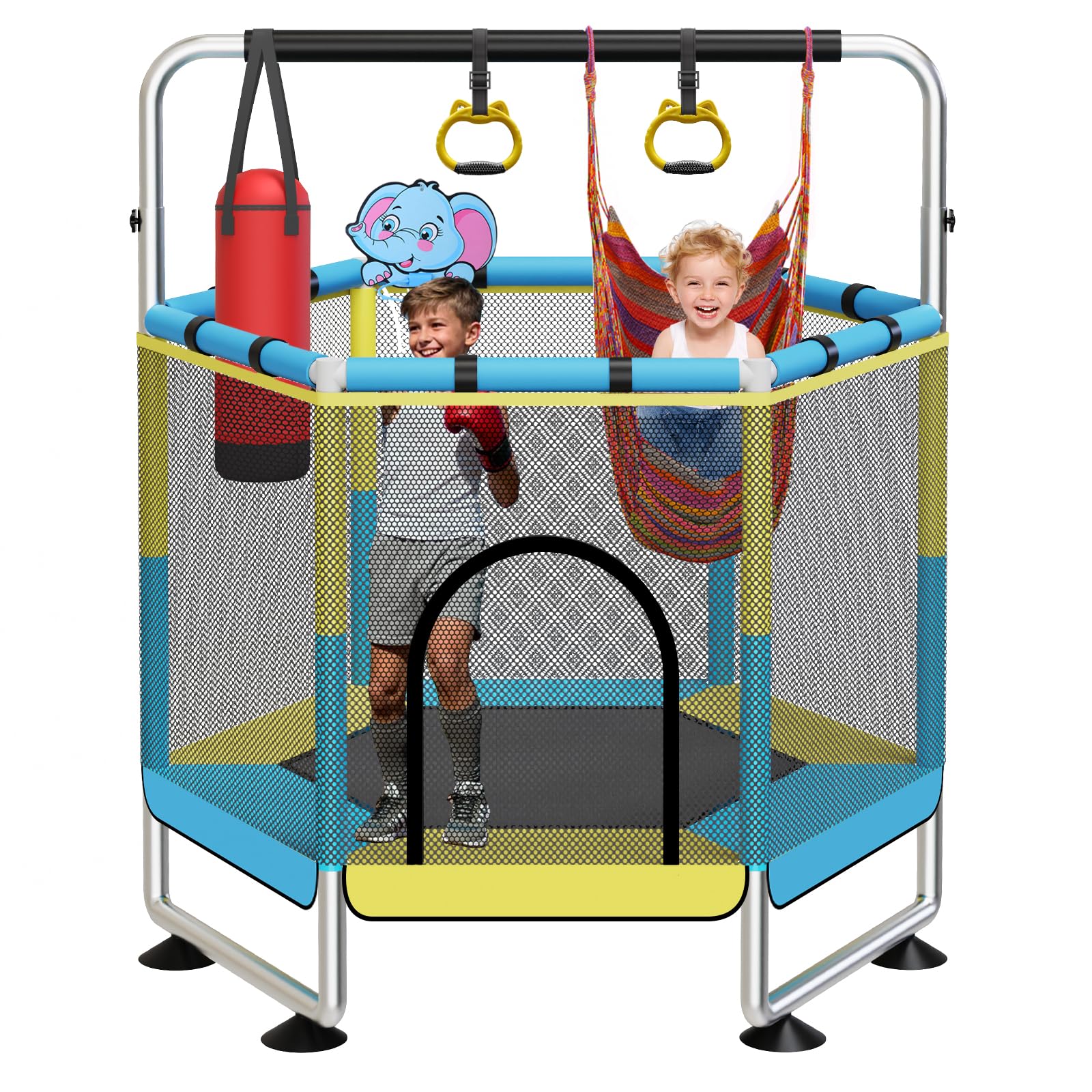 Trampolin Kinder, 150cm Kinder Trampolin Outdoor/Indoor, 200 kg mit Sicherheitsnetz, verbesserte Ringbeine mit Verstellbarer Turnstange, Geschenke für im Alter von 1 bis 8 Jahren