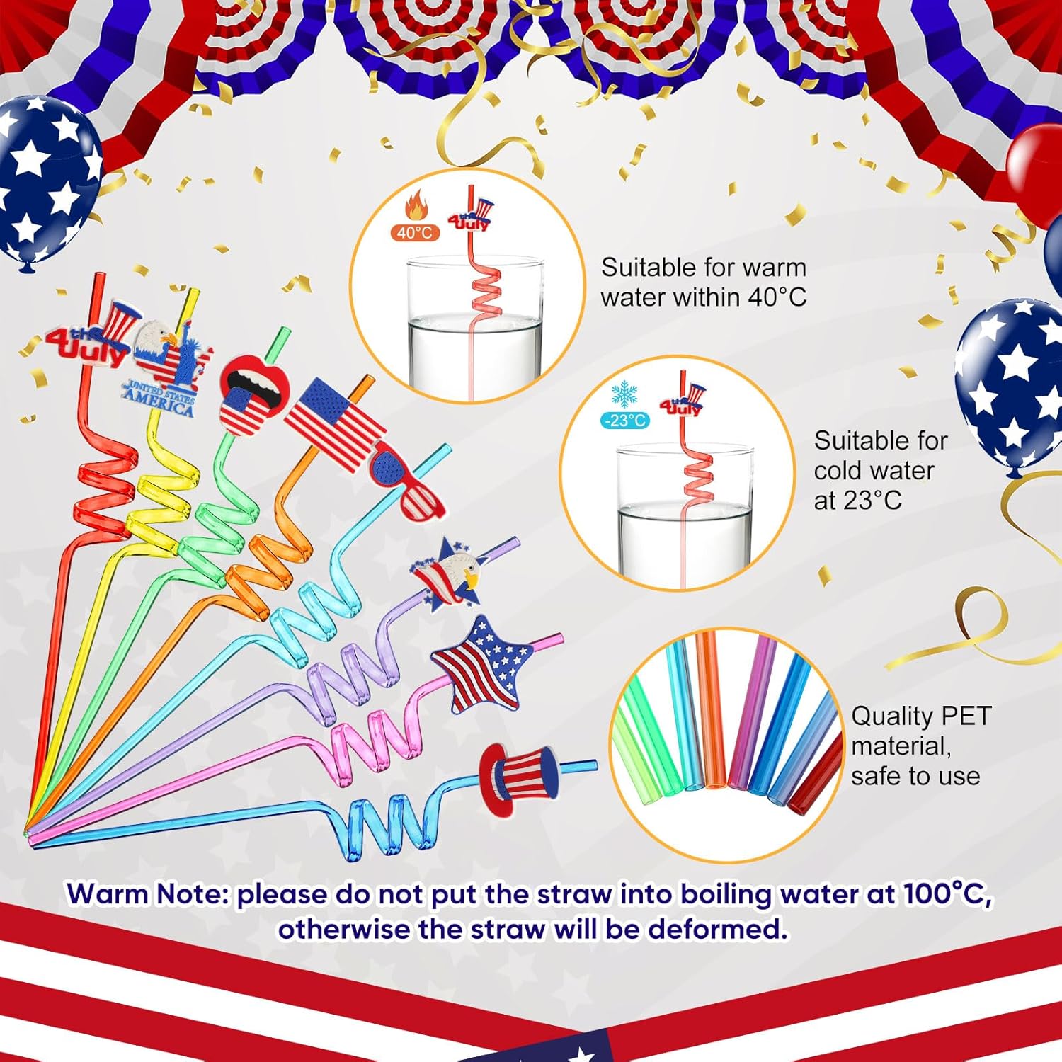Potchen 80 Pcs Veterans Day Silly Straws Bulk 4th of July Silly Reusable Curly Straws Colorful Plastic Drinking for Veterans Day Family Party