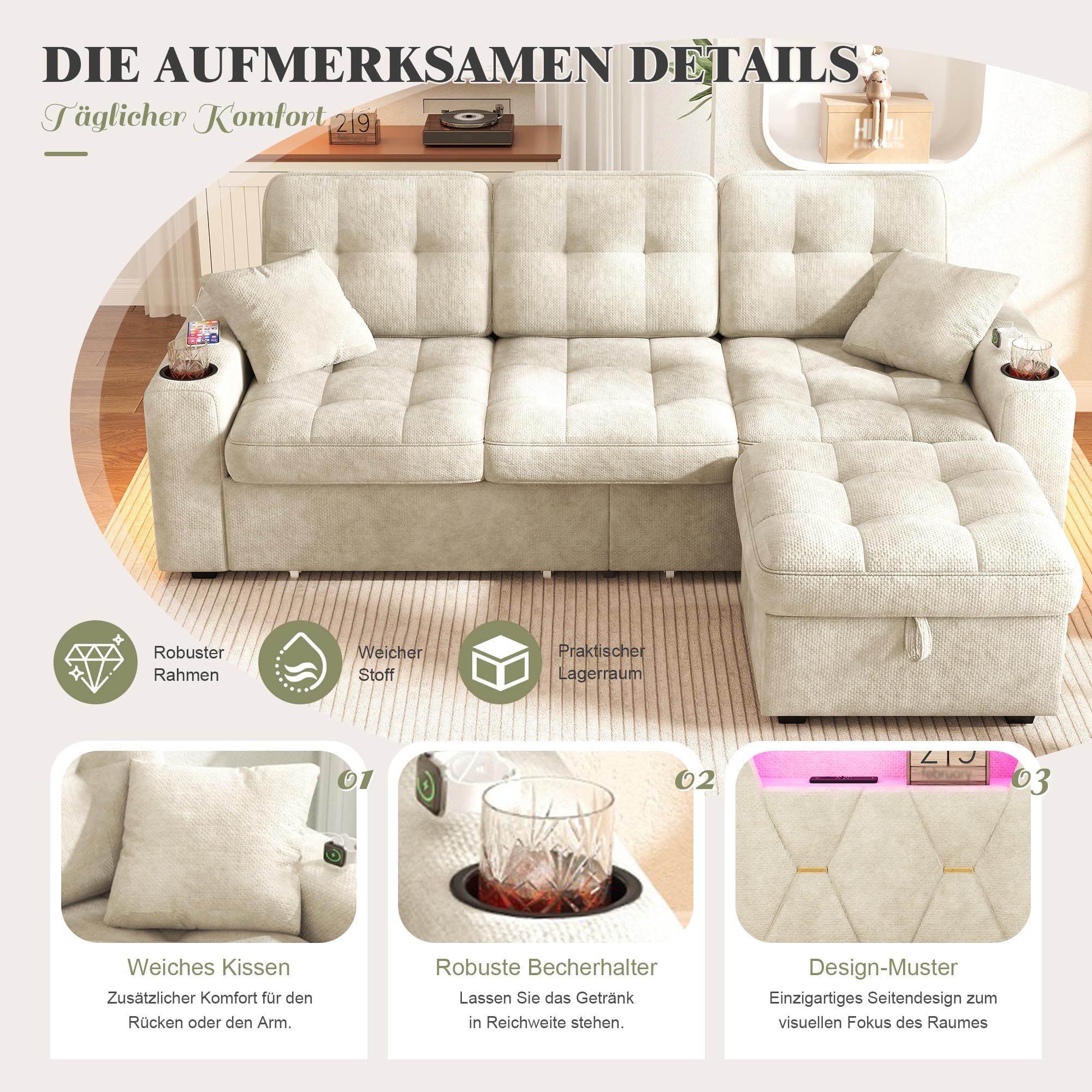 Canapé Convertible 3 Places en L avec LED et USB C et Porte-Gobelet, Canapé d'angle en Chenille avec 2 Tiroirs et Pouf Rangement, Canapé Modulable avec Compartiments latéraux au Salon Appt, Beige