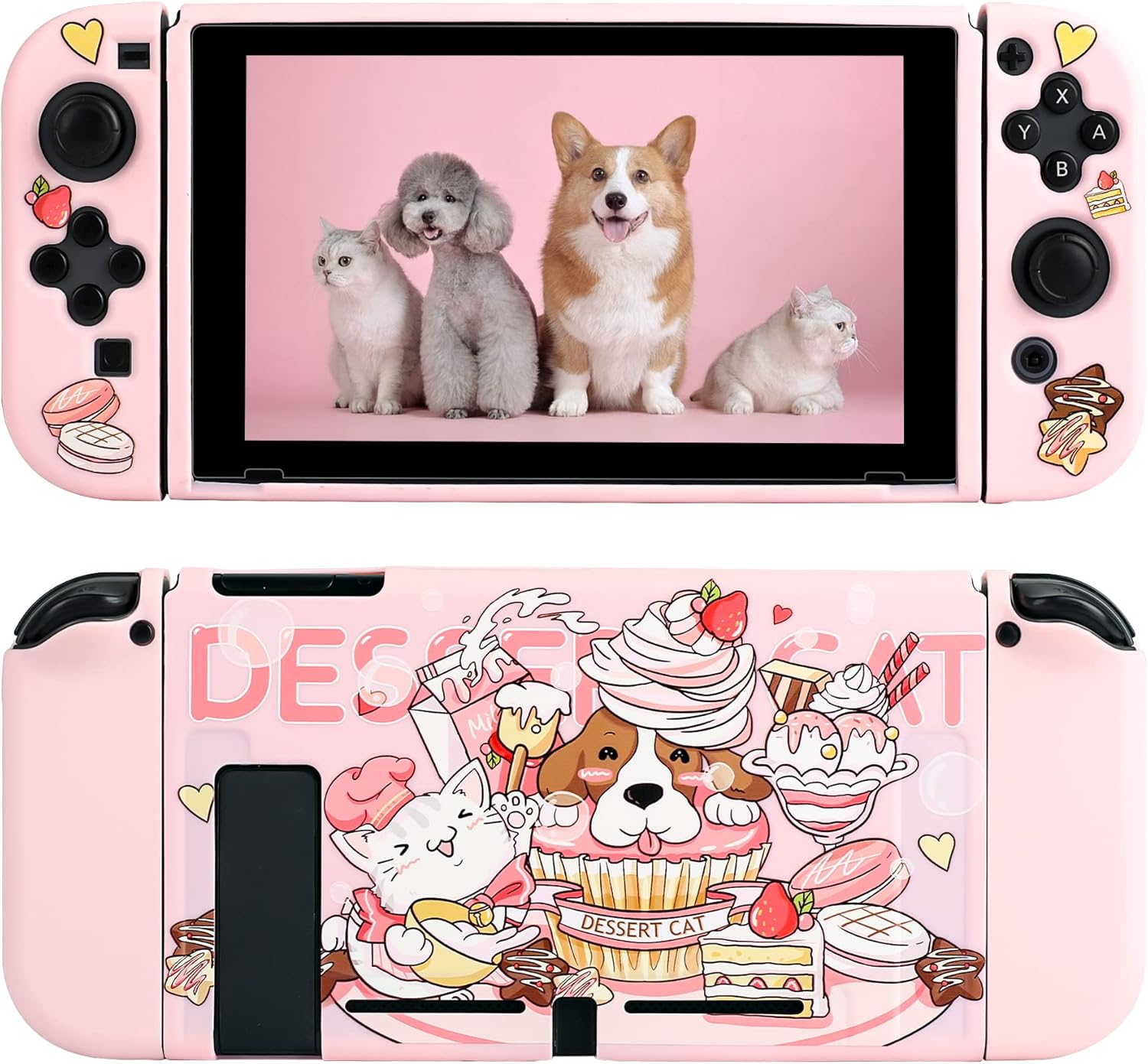 Cute Case for Nintendo Switch, FANPL Soft TPU Protective Cover Compatible with Switch Console and Joy Con Controller, Pink Dockable Shell, Kawaii Switch Skin Accessories - Dessert Cat & Dog Pattern : Video Games
