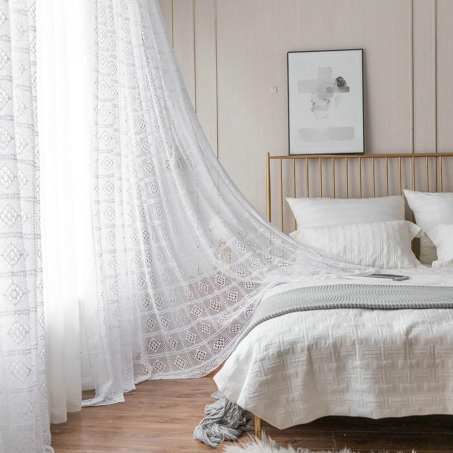 Daesar Sheer Curtains for Living Room 2 Panels Set, Cotton Hook/Rod Pocket Voile Curtains 71" W x 71" H Drapes Solid Color Hollow Rhombus Check Beige White Transparent Curtains for Bedroom