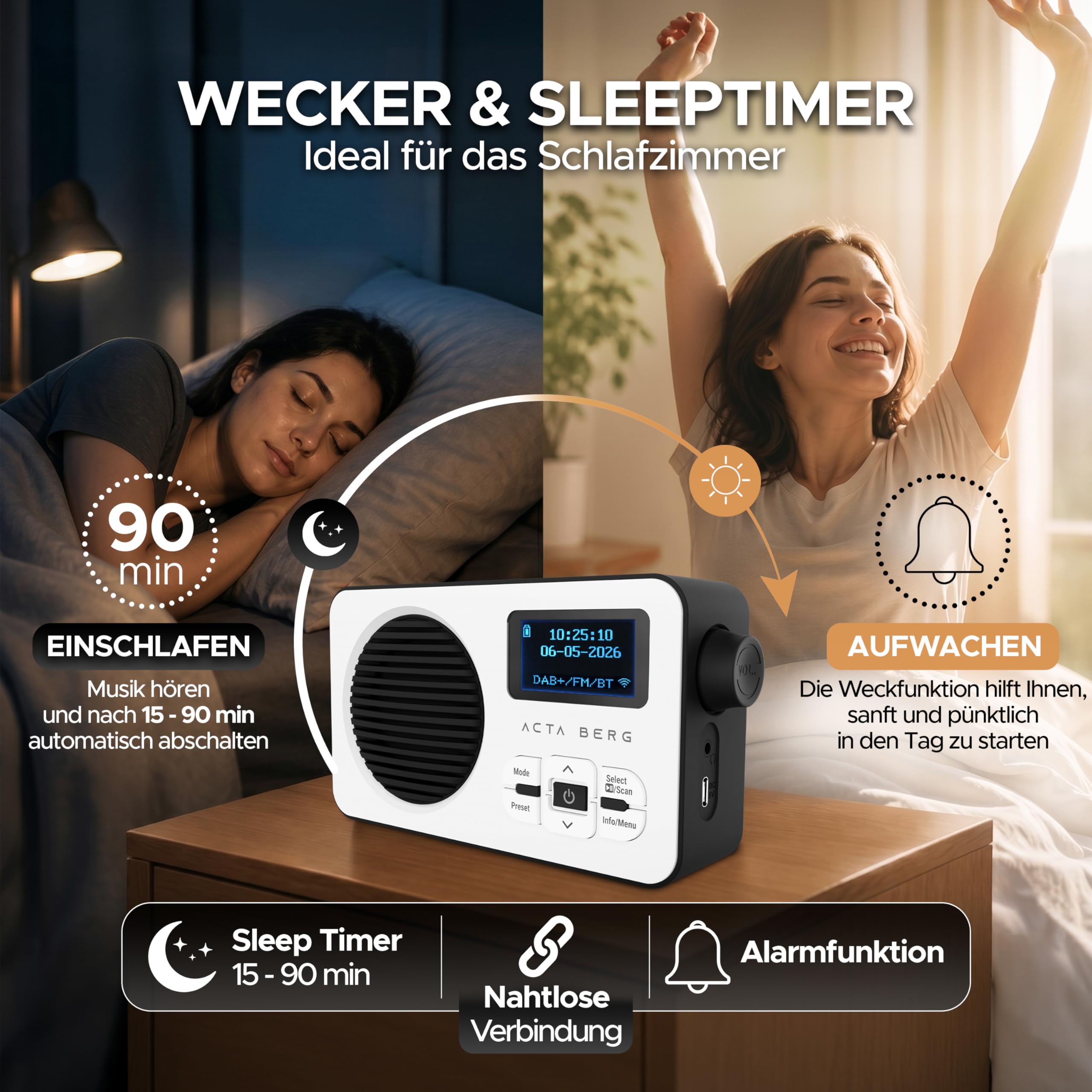 Acta Berg DAB Radio mit Akku 5000 mAh austauschbar & BT 5.3 (Weiß/Schwarz) | DAB+/UKW-Radio, Akku austauschbar + Netzstecker, 80 Senderspeicher, USB-C, tragbares Digitalradio, mit Wecker & Timer