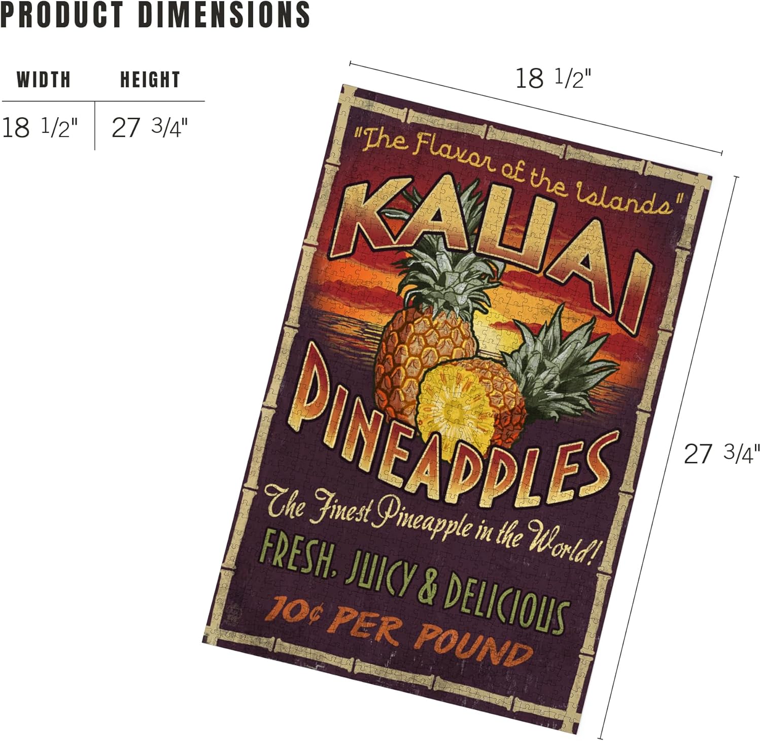 Lantern Press Kauai, Hawaii, Pineapple Vintage Sign 1000 Piece Jigsaw Puzzle for Adults, Made in USA with Reference Poster