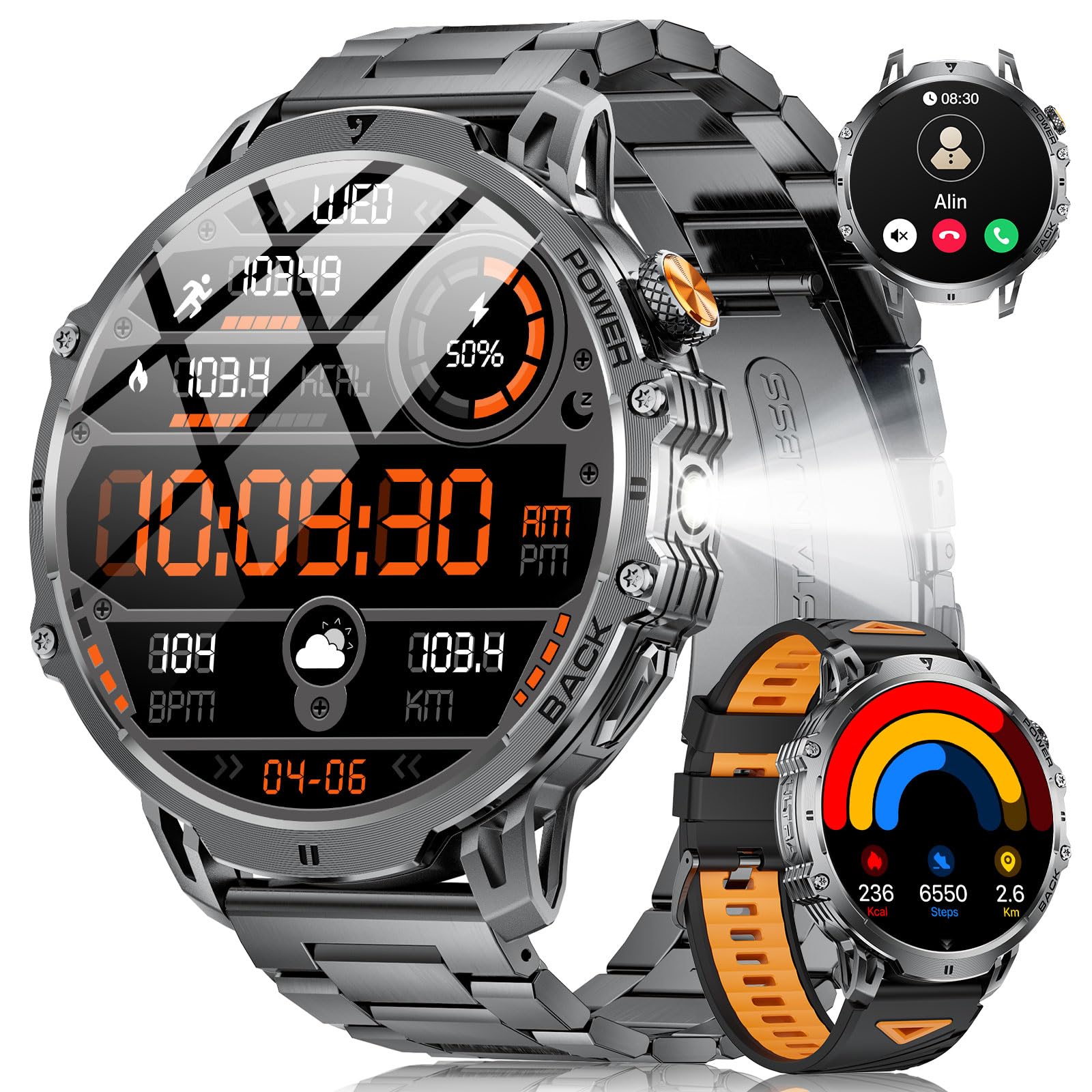 DREMAC 2026 Smartwatch Herren Militär-1.85'' HD Große Display/1000mAh Akku,Smartwatch mit Taschenlampe/110+ Sportmodis/2 Bander/IP68,Fitness Tracker mit Puls/SpO2/Schlafmonitor,Android iOS