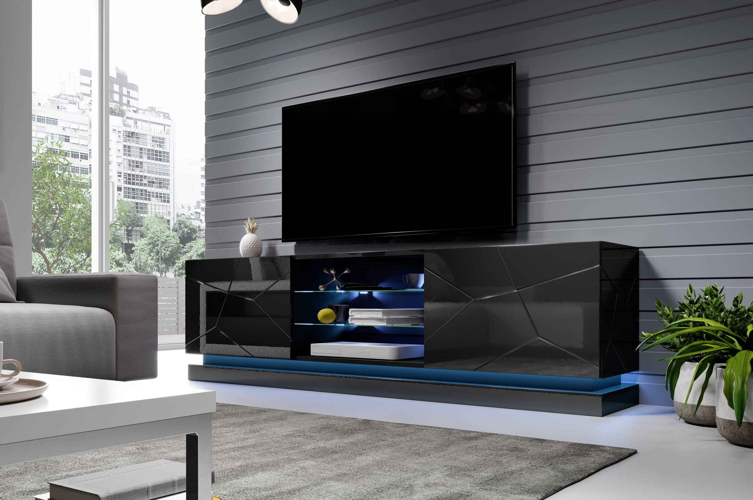 Furniture24 Tv Schrank QIU 200, Lowboard, Unterschrank, Fernsehentisch, Fernsehenschrank mit 2 Türen und LED Beluchtung (Schwarz Hochglanz), 200/57/43