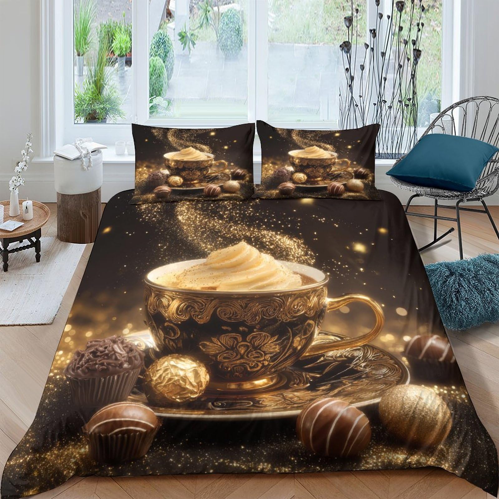 Ctjqhvkz Style-6 3D Printed Coffee Cup Fitted Sheet Microfiber Soft Gold Dessert Bed Cover For Bedroom Dorm Mattress Decor Single（135X200cm）